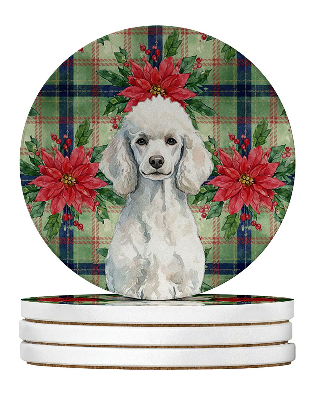 Standard White Poodle Christmas PoinsettIas Large Sandstone Coasters Pack of 4 Absorbent Round Coasters Decor Gifts for Men or W