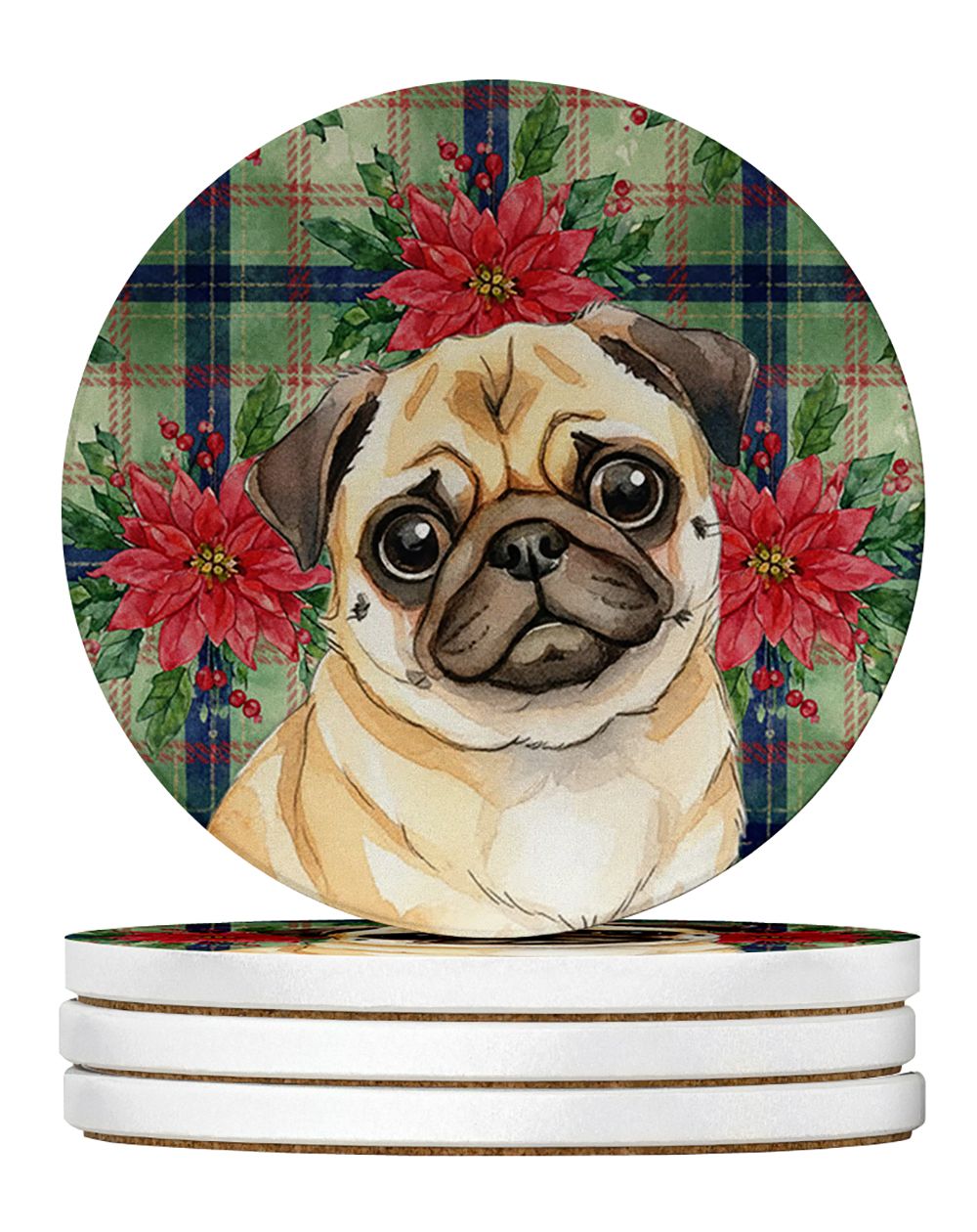 Fawn Pug Christmas PoinsettIas Large Sandstone Coasters Pack of 4 Absorbent Round Coasters Decor Gifts for Men or Women, 4 in, M