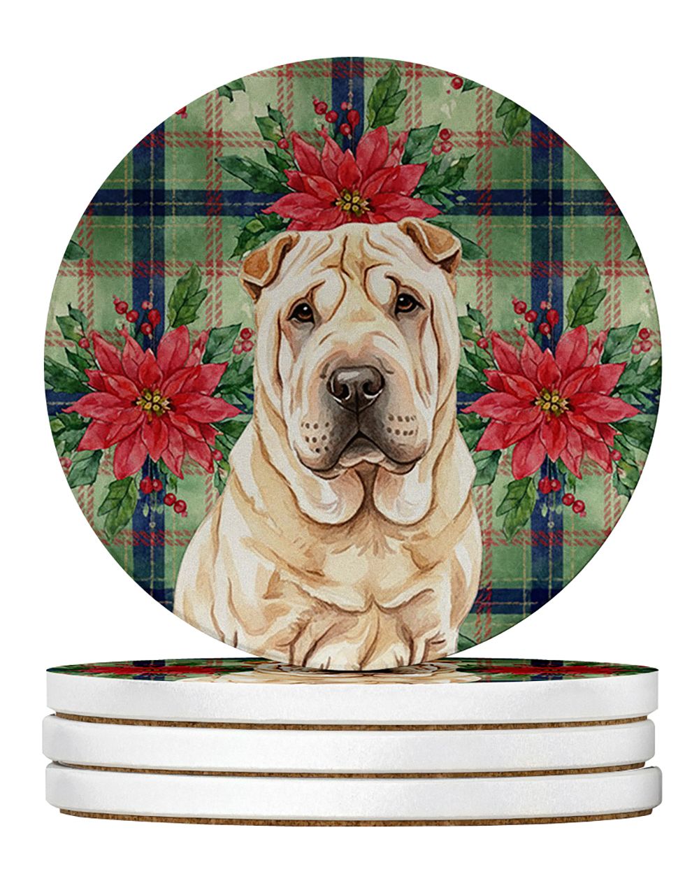 Shar Pei Christmas PoinsettIas Large Sandstone Coasters Pack of 4 Absorbent Round Coasters Decor Gifts for Men or Women, 4 in, M