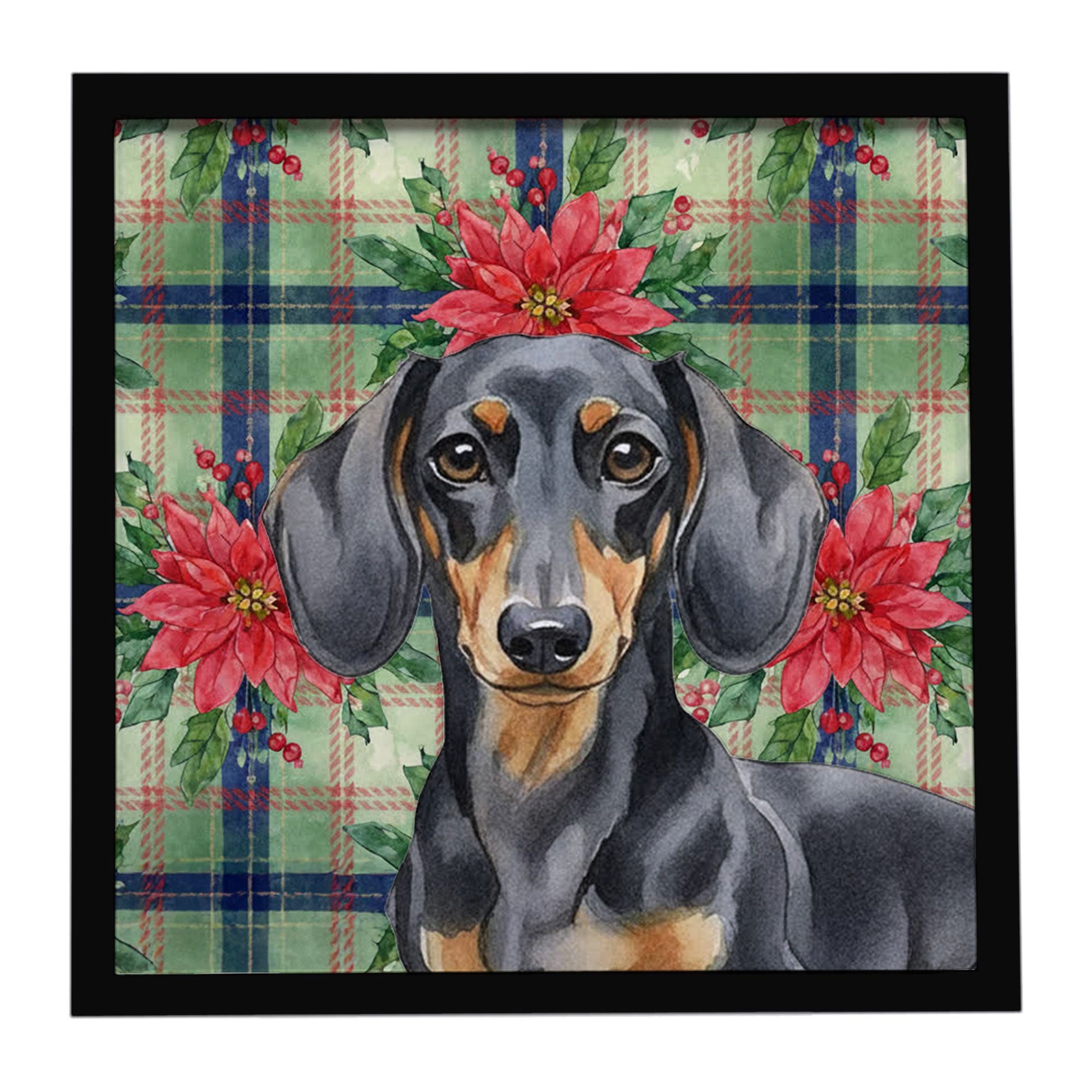 Black and Tan Dachshund Christmas PoinsettIas Framed Metal Print Bathroom, Kitchen, Office, Home Decor Wall Art Ready to Hang, S