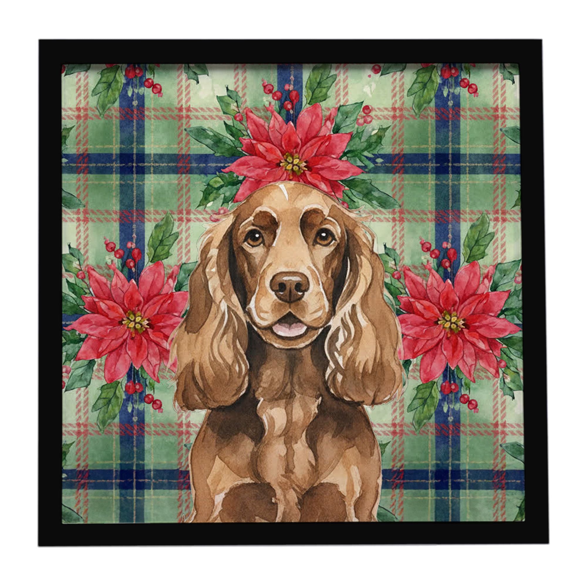 Liver English Cocker Spaniel Christmas PoinsettIas Framed Metal Print Bathroom, Kitchen, Office, Home Decor Wall Art Ready to Ha
