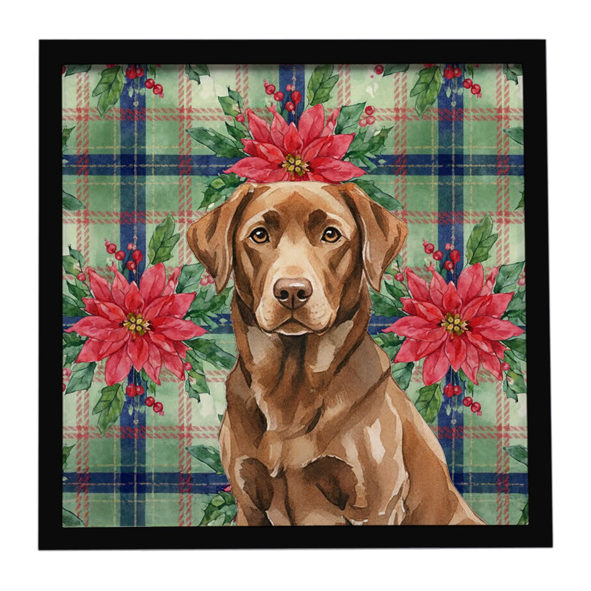 Chocolate Labrador Retriever Christmas PoinsettIas Framed Metal Print Bathroom, Kitchen, Office, Home Decor Wall Art Ready to Ha