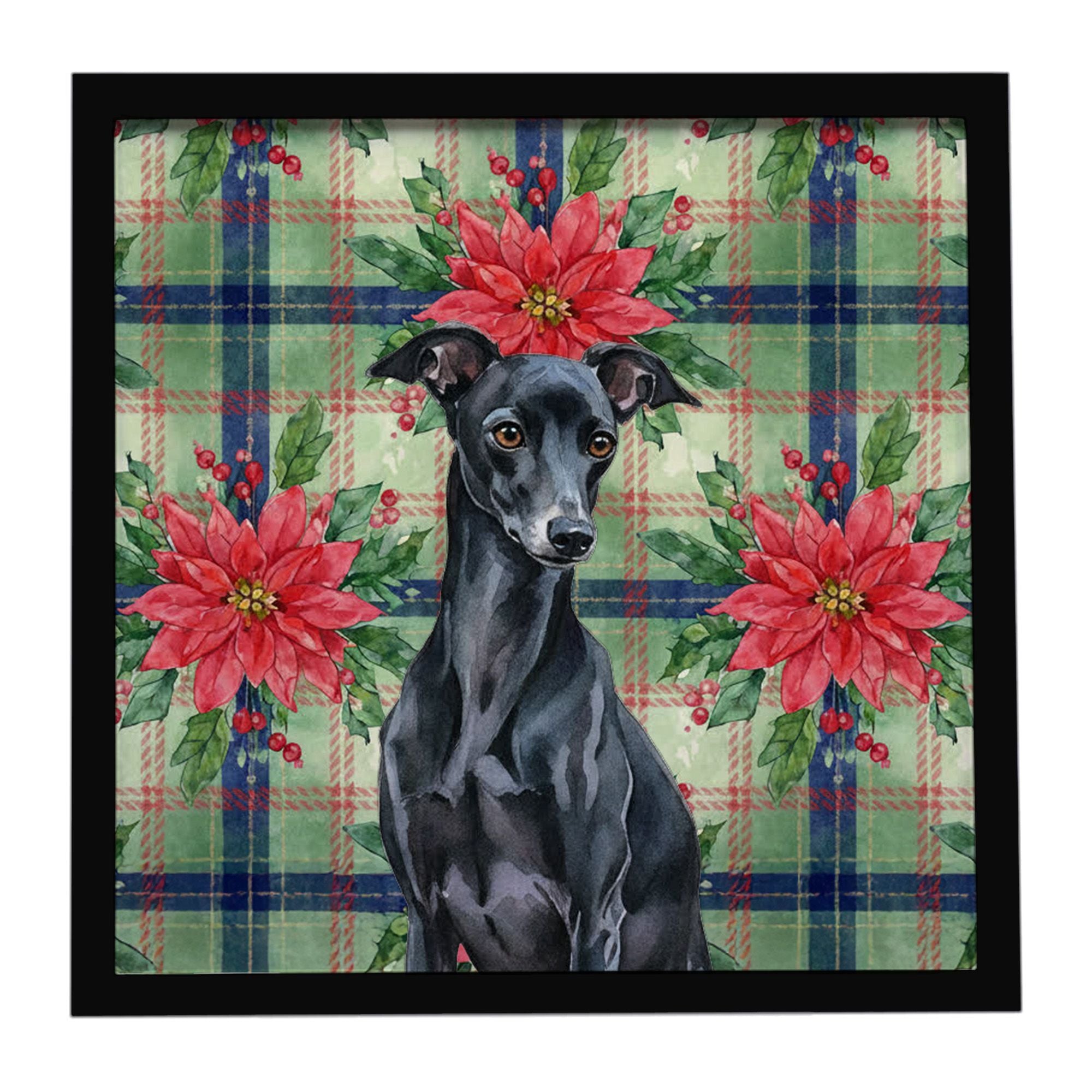 Black Italian Greyhound Christmas PoinsettIas Framed Metal Print Bathroom, Kitchen, Office, Home Decor Wall Art Ready to Hang, S
