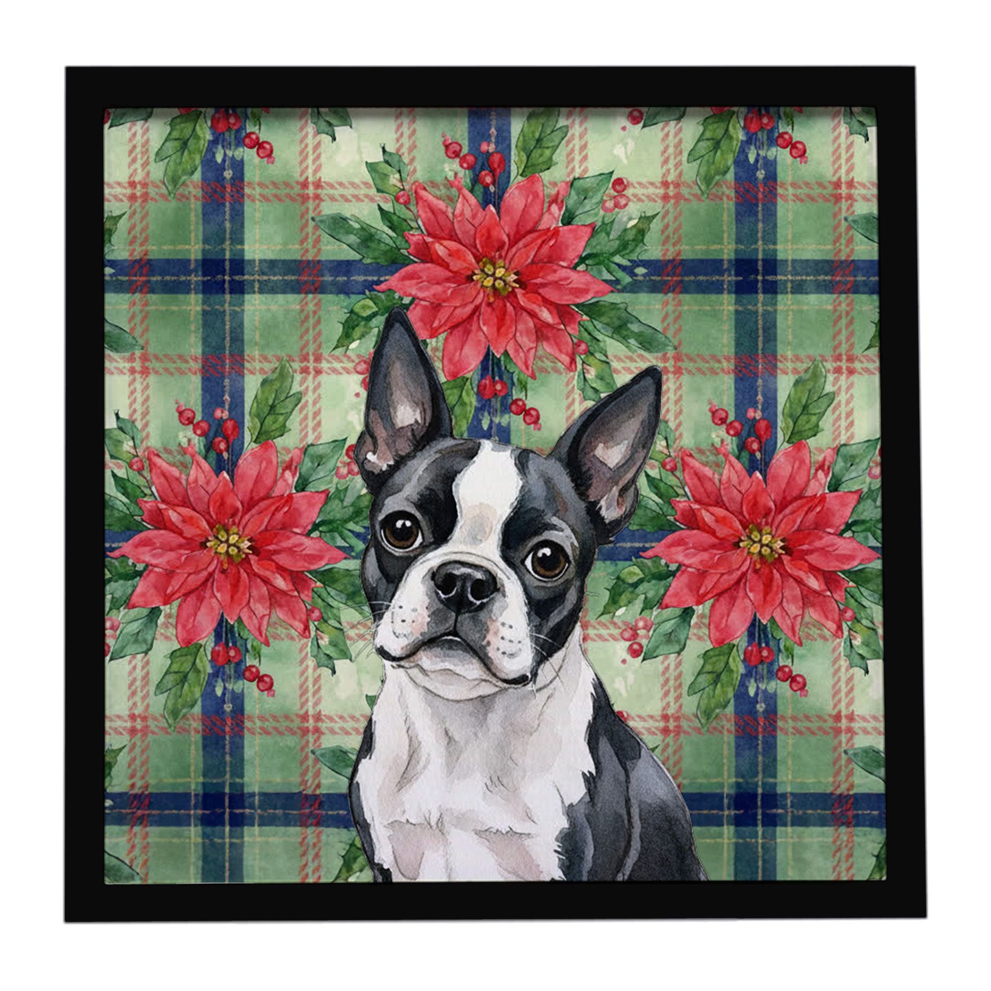 Boston Terrier Christmas PoinsettIas Framed Metal Print Bathroom, Kitchen, Office, Home Decor Wall Art Ready to Hang, Square, 8X