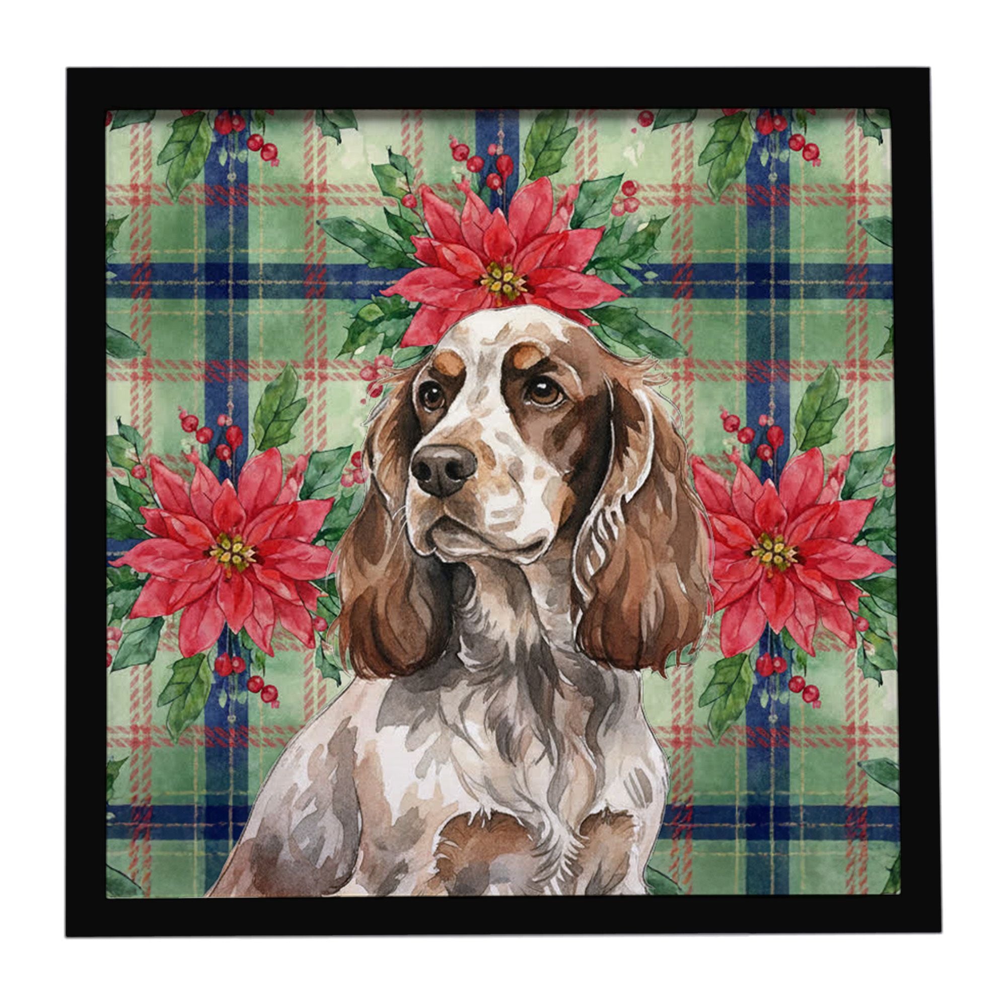 Liver Roan English Cocker Spaniel Christmas PoinsettIas Framed Metal Print Bathroom, Kitchen, Office, Home Decor Wall Art Ready 