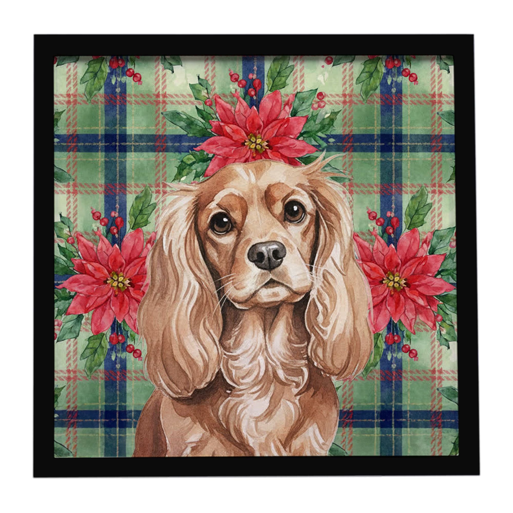 Ruby Cavalier Spaniel Christmas PoinsettIas Framed Metal Print Bathroom, Kitchen, Office, Home Decor Wall Art Ready to Hang, Squ
