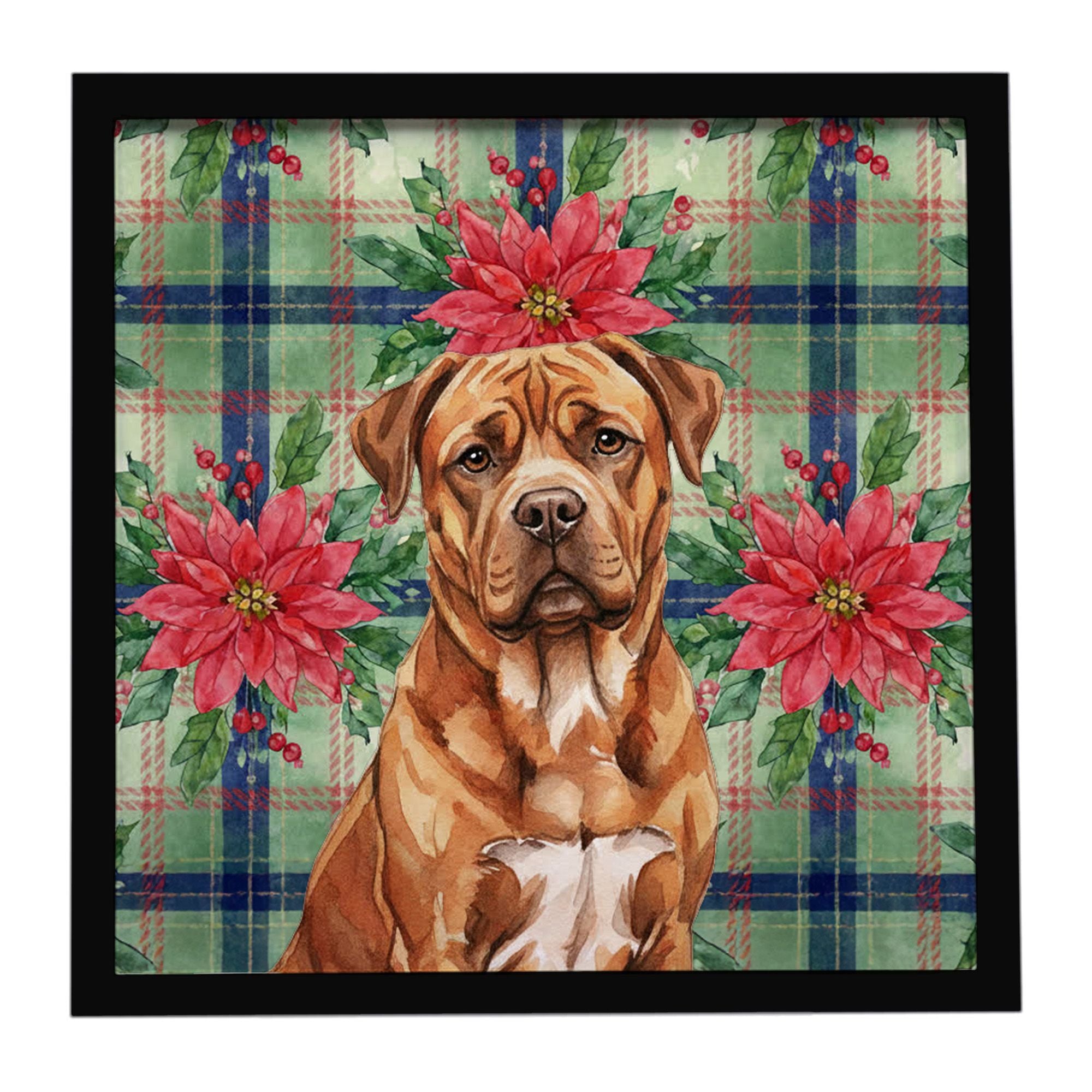 Mahogany Dogue de Bordeaux Christmas PoinsettIas Framed Metal Print Bathroom, Kitchen, Office, Home Decor Wall Art Ready to Hang
