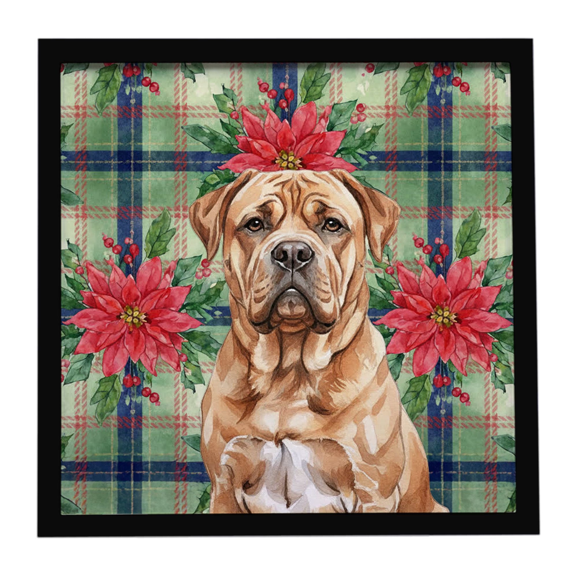 Dogue de Bordeaux Christmas PoinsettIas Framed Metal Print Bathroom, Kitchen, Office, Home Decor Wall Art Ready to Hang, Square,