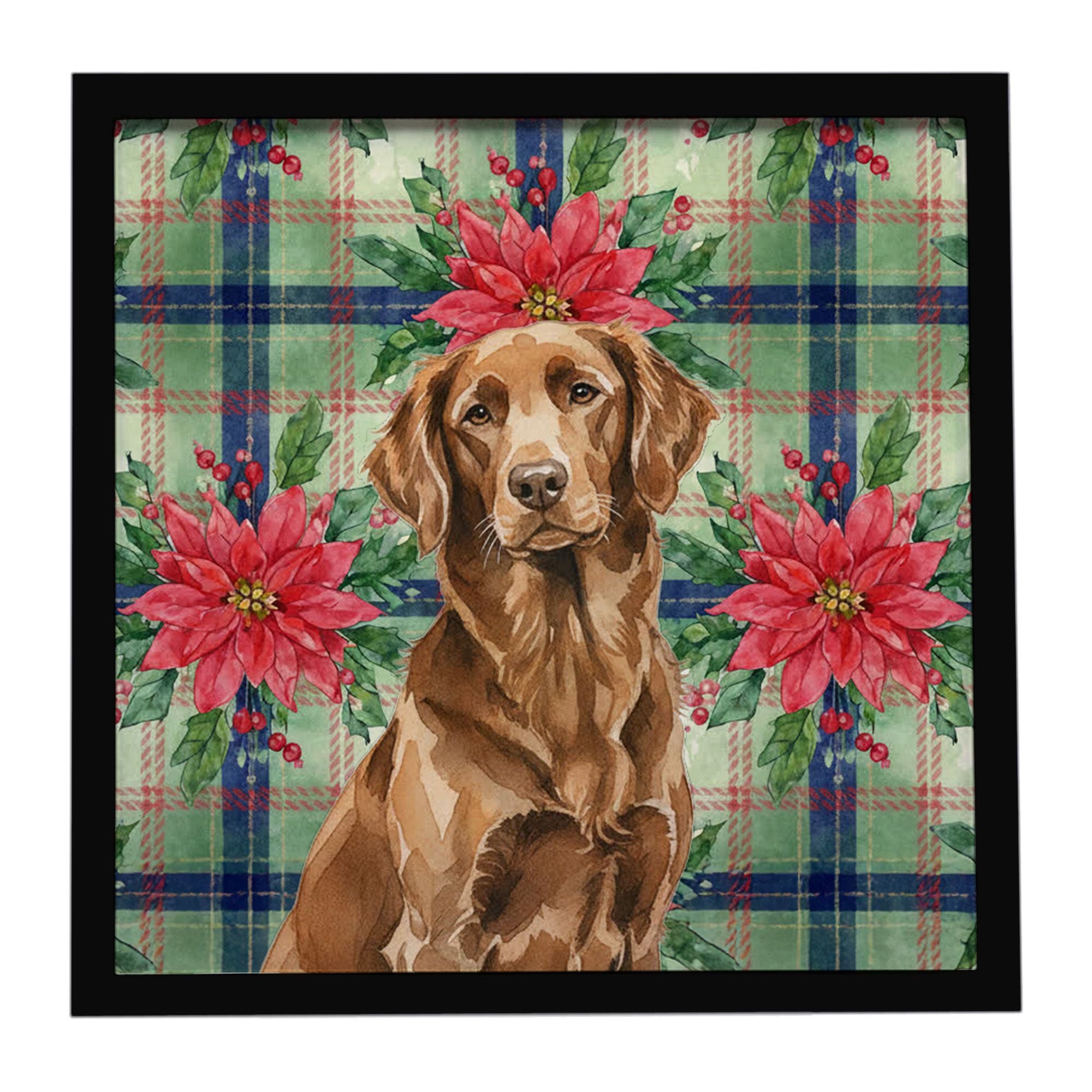 Liver Flat-Coated Retriever Christmas PoinsettIas Framed Metal Print Bathroom, Kitchen, Office, Home Decor Wall Art Ready to Han