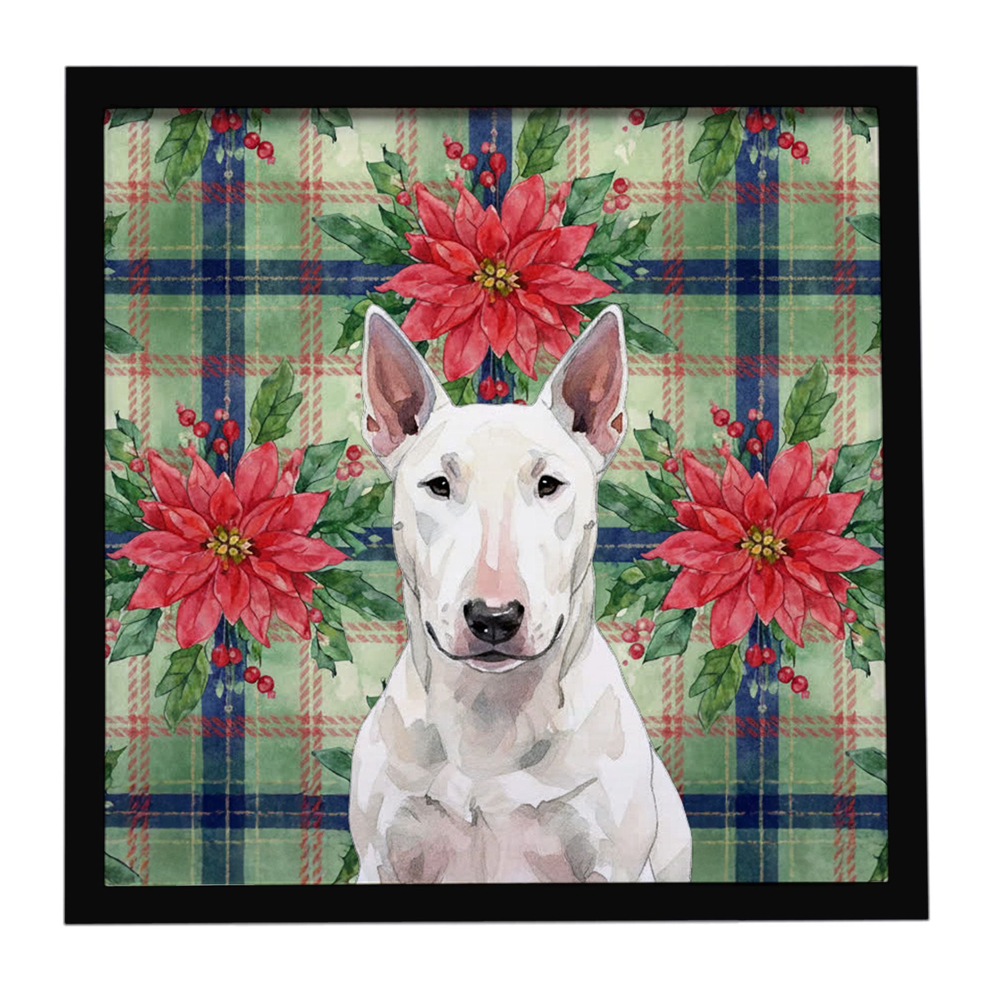 White Bull Terrier Christmas PoinsettIas Framed Metal Print Bathroom, Kitchen, Office, Home Decor Wall Art Ready to Hang, Square