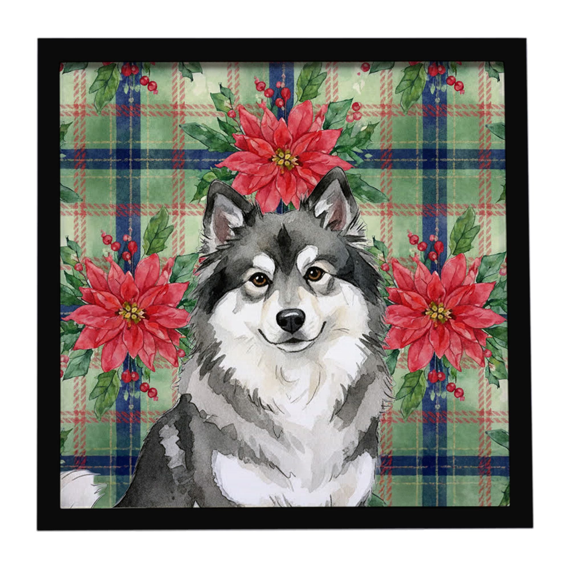 Keeshond Christmas PoinsettIas Framed Metal Print Bathroom, Kitchen, Office, Home Decor Wall Art Ready to Hang, Square, 8X8