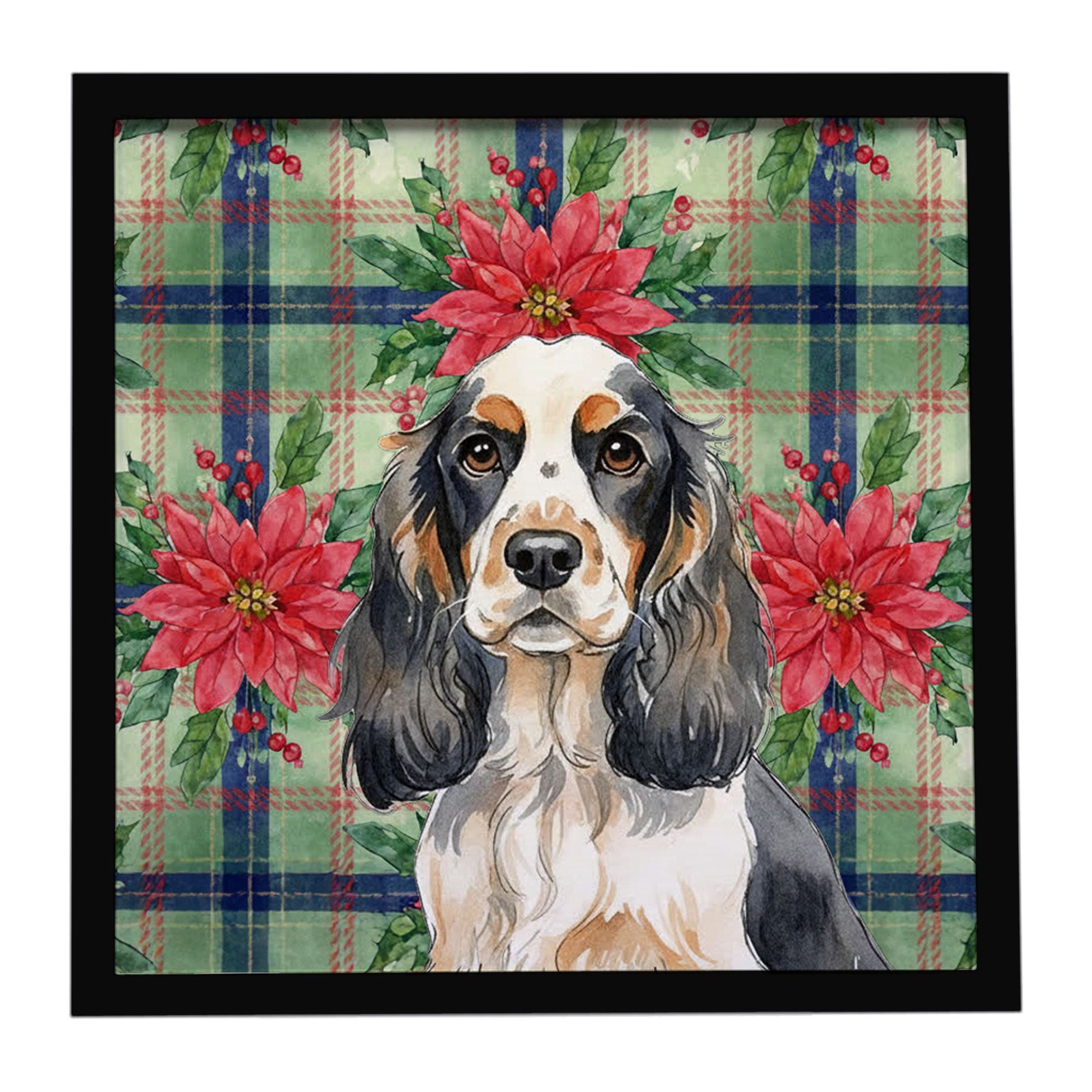 Parti Cocker Spaniel Christmas PoinsettIas Framed Metal Print Bathroom, Kitchen, Office, Home Decor Wall Art Ready to Hang, Squa