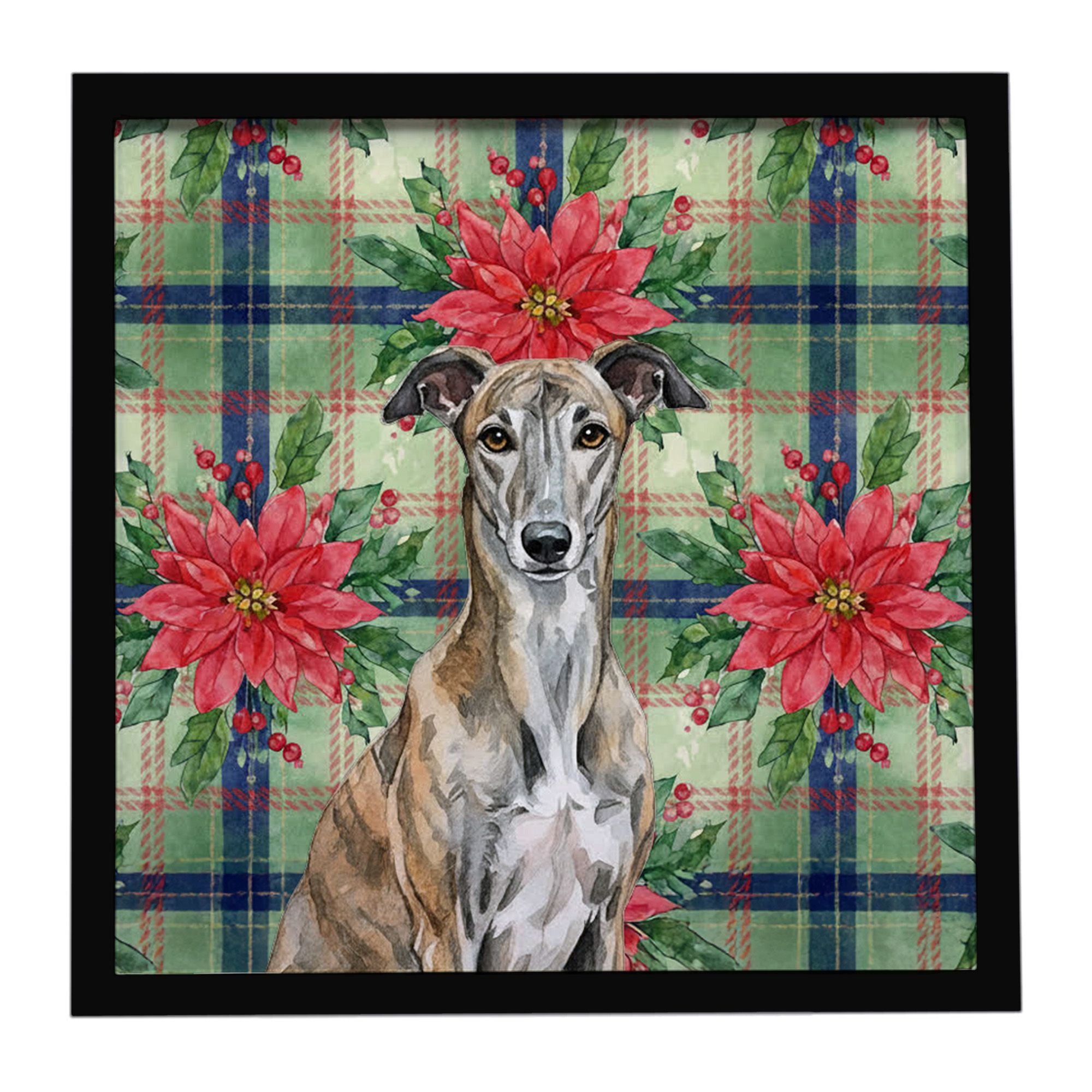 Brindle Greyhound Christmas PoinsettIas Framed Metal Print Bathroom, Kitchen, Office, Home Decor Wall Art Ready to Hang, Square,