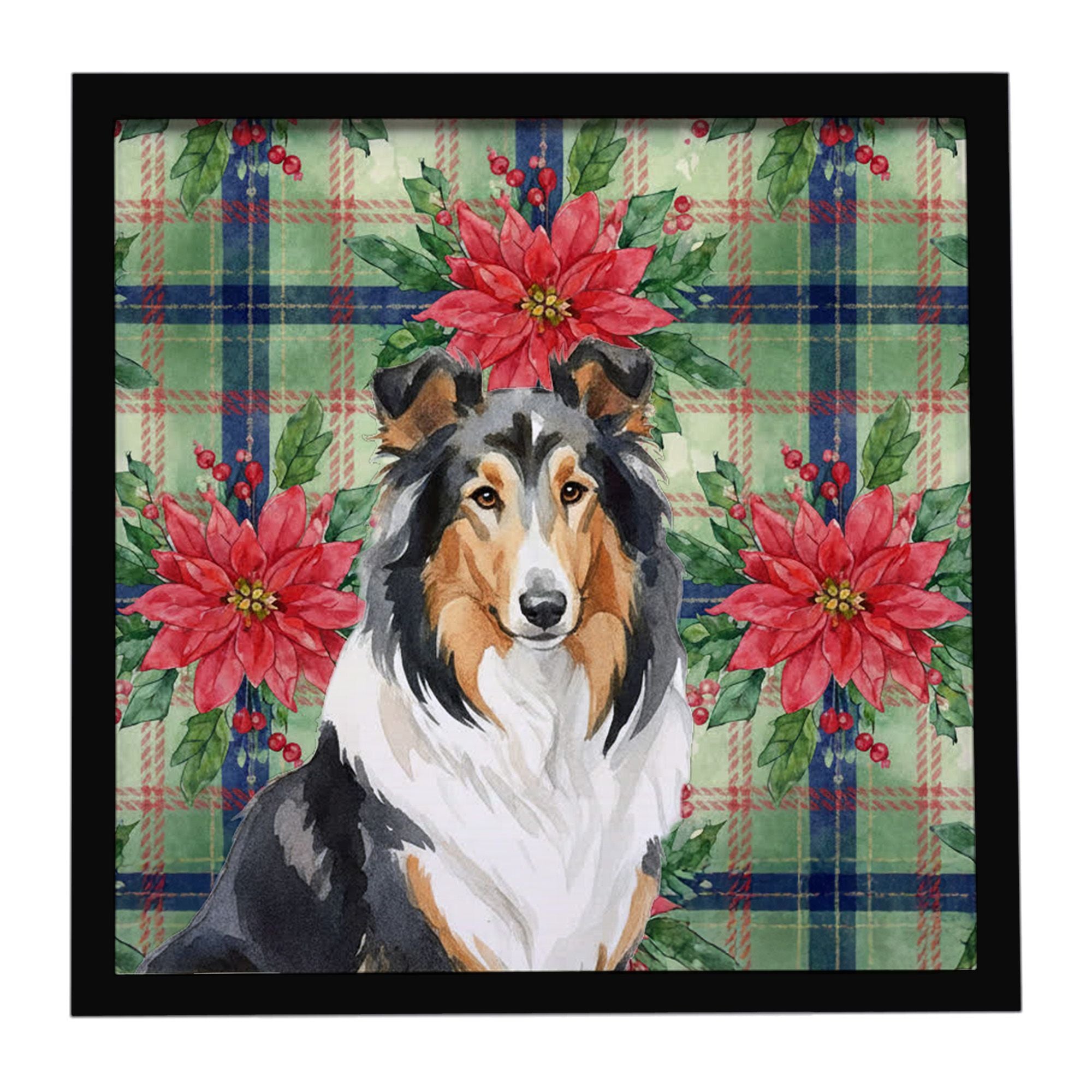 Tricolor Collie Christmas PoinsettIas Framed Metal Print Bathroom, Kitchen, Office, Home Decor Wall Art Ready to Hang, Square, 8