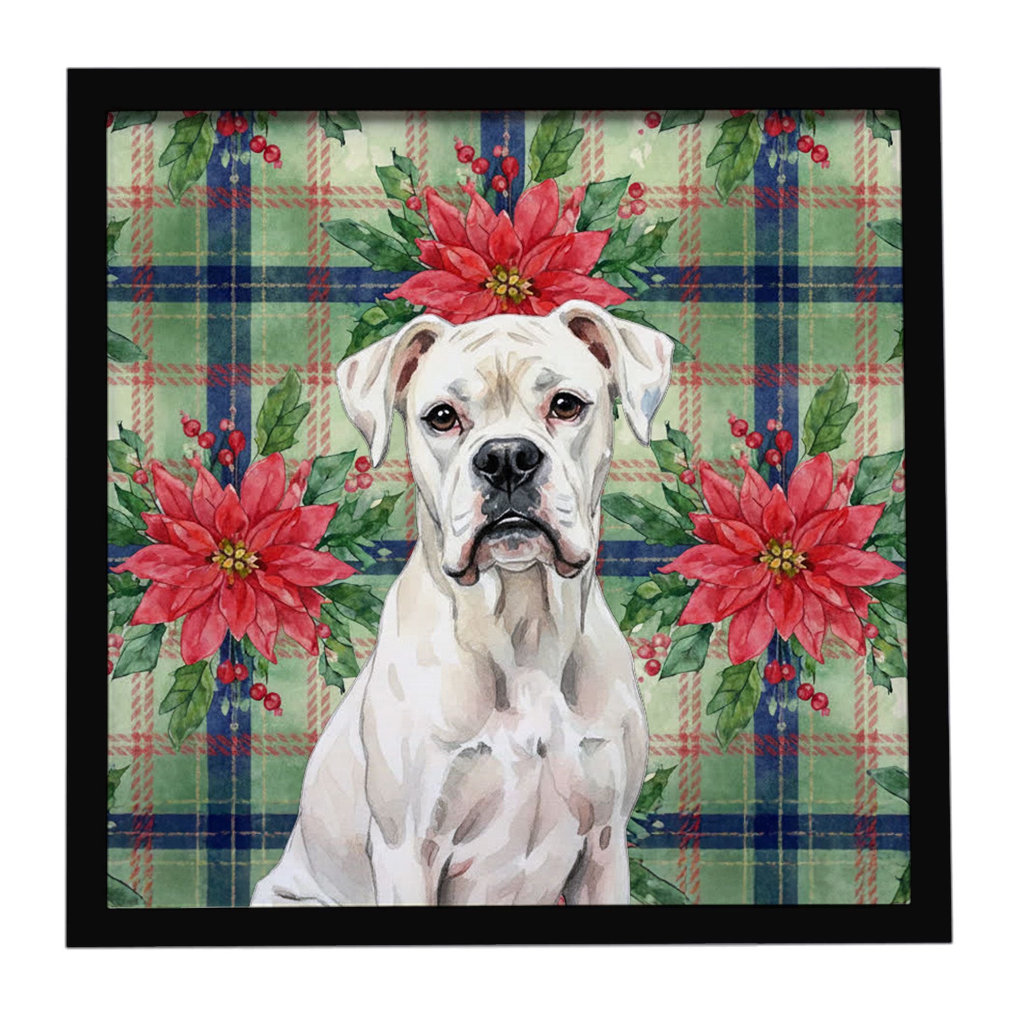 White Boxer Christmas PoinsettIas Framed Metal Print Bathroom, Kitchen, Office, Home Decor Wall Art Ready to Hang, Square, 8X8