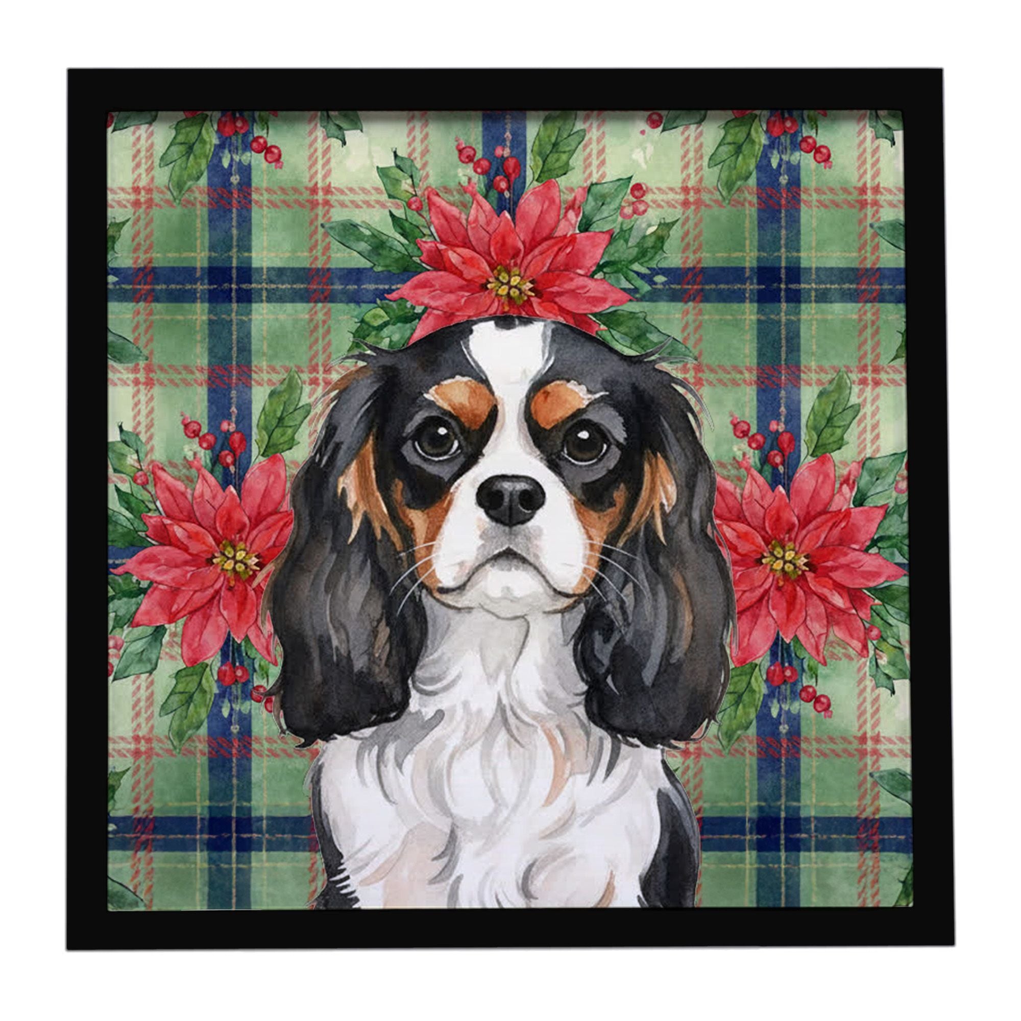 Tricolor Cavalier Spaniel Christmas PoinsettIas Framed Metal Print Bathroom, Kitchen, Office, Home Decor Wall Art Ready to Hang,