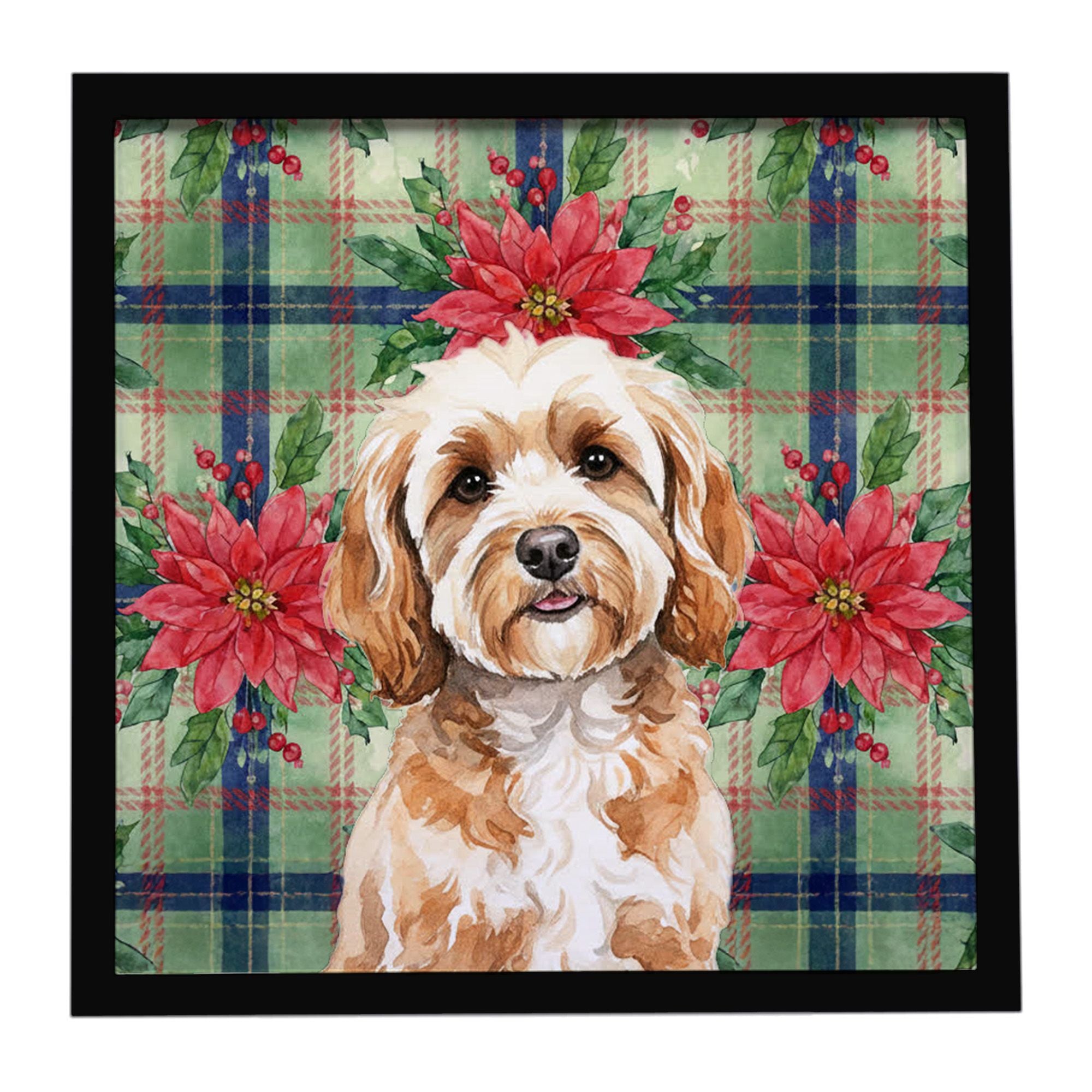 Cavapoo Christmas PoinsettIas Framed Metal Print Bathroom, Kitchen, Office, Home Decor Wall Art Ready to Hang, Square, 8X8