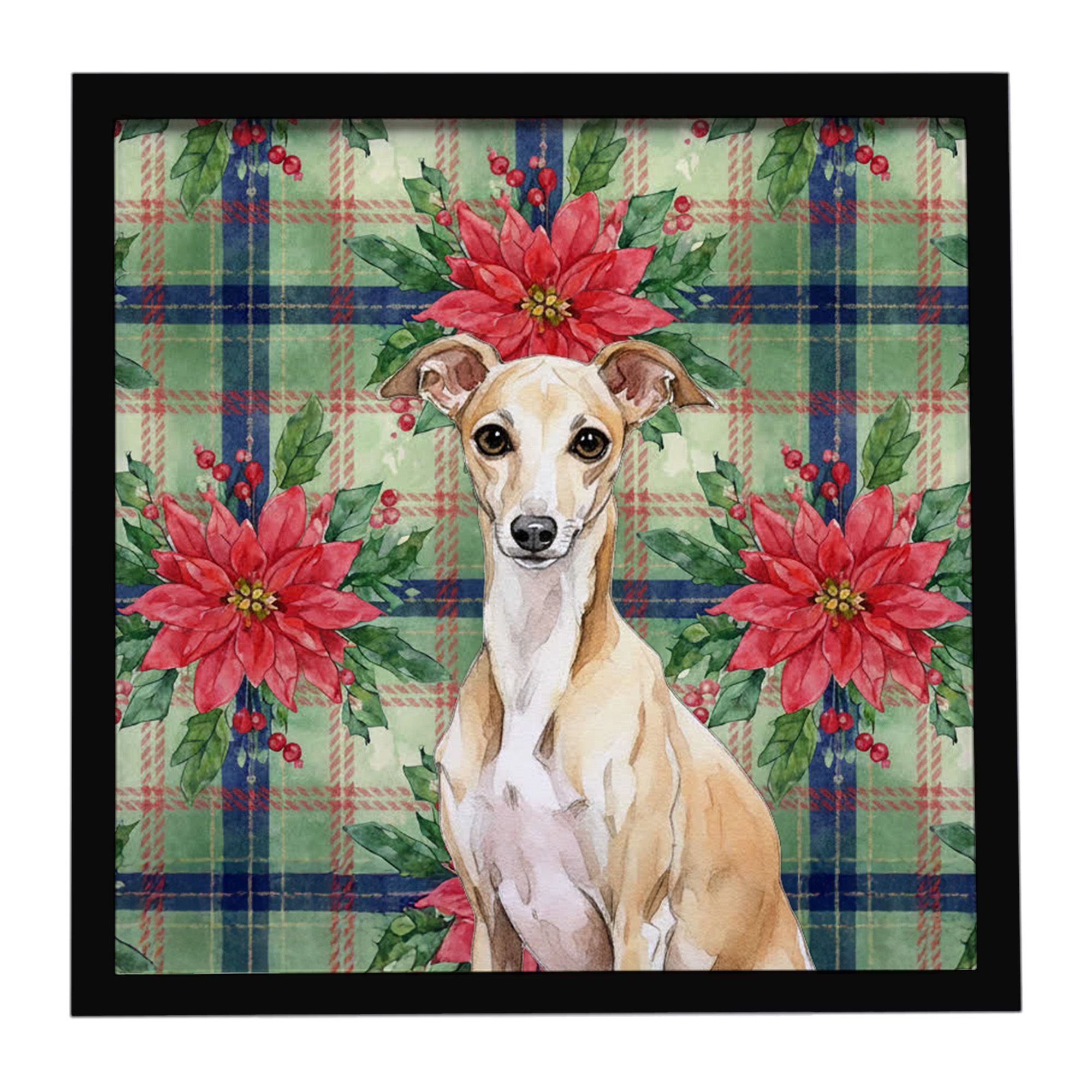 Fawn Italian Greyhound Christmas PoinsettIas Framed Metal Print Bathroom, Kitchen, Office, Home Decor Wall Art Ready to Hang, Sq