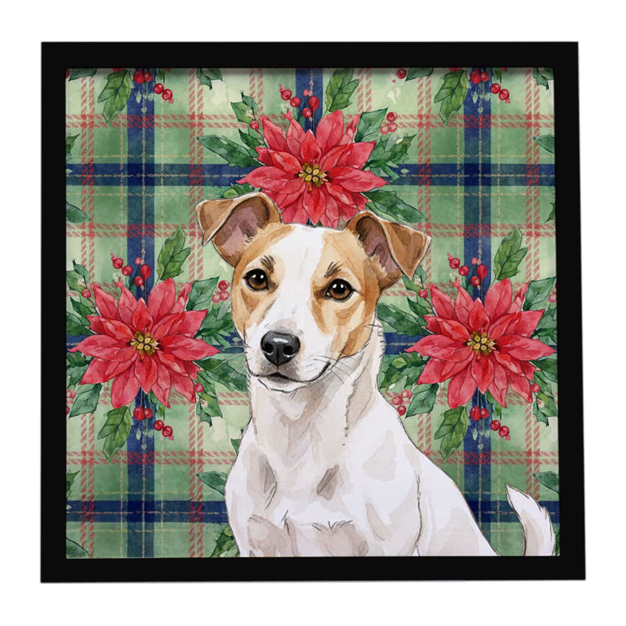 White and Tan Jack Russell Terrier Christmas PoinsettIas Framed Metal Print Bathroom, Kitchen, Office, Home Decor Wall Art Ready