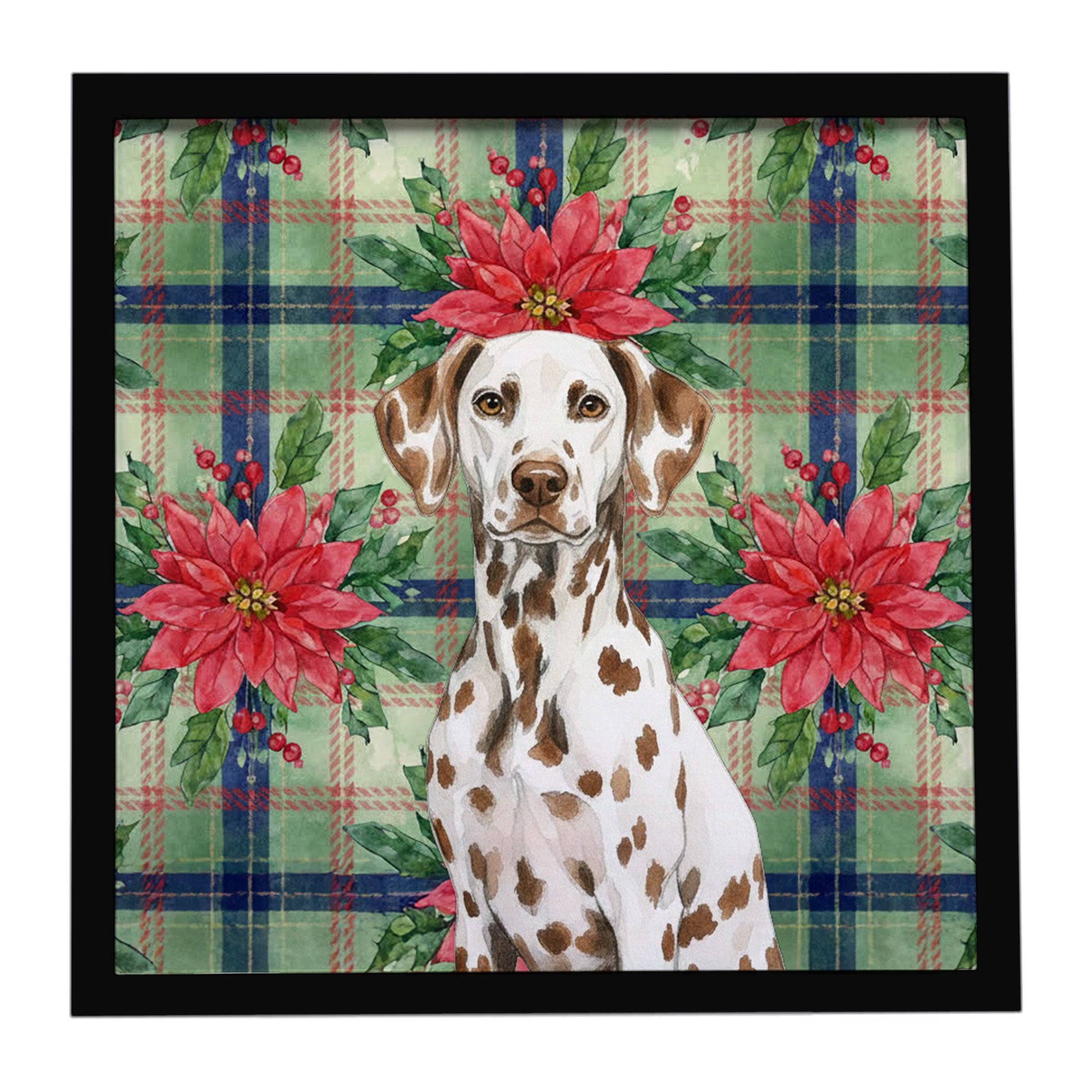 Liver Dalmatian Christmas PoinsettIas Framed Metal Print Bathroom, Kitchen, Office, Home Decor Wall Art Ready to Hang, Square, 8