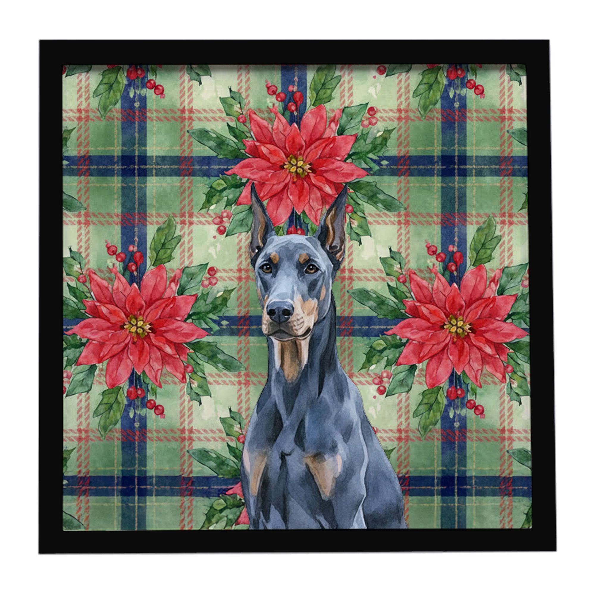 Blue Doberman Pinscher Christmas PoinsettIas Framed Metal Print Bathroom, Kitchen, Office, Home Decor Wall Art Ready to Hang, Sq