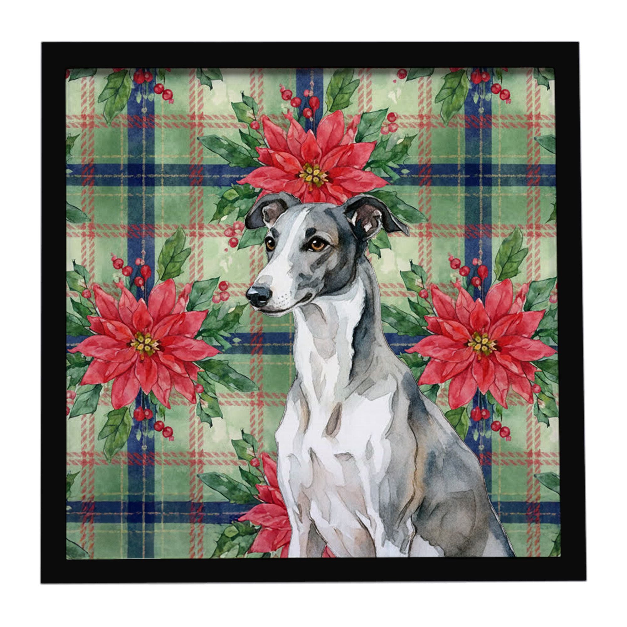 Black and White Greyhound Christmas PoinsettIas Framed Metal Print Bathroom, Kitchen, Office, Home Decor Wall Art Ready to Hang,