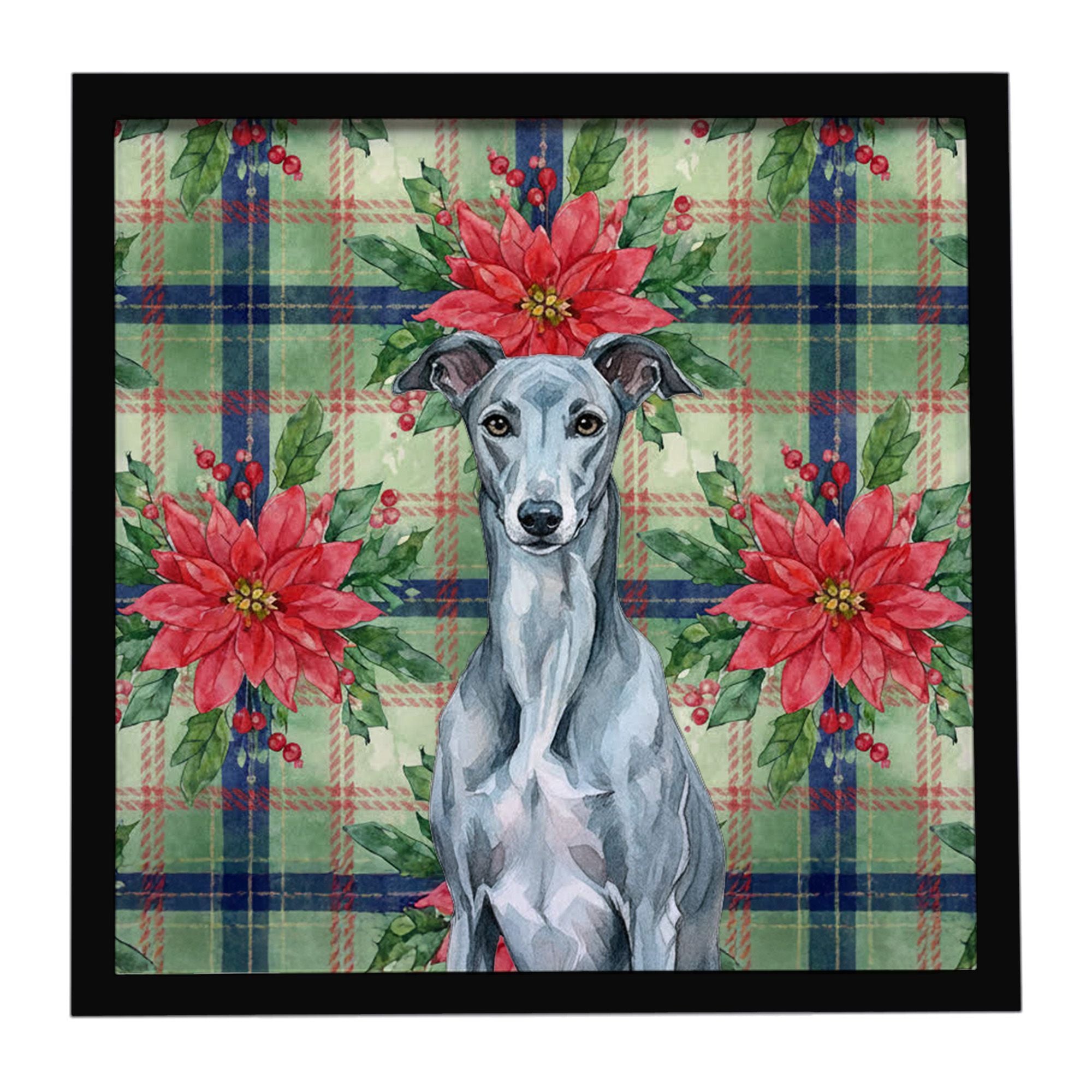 Blue Brindle Greyhound Christmas PoinsettIas Framed Metal Print Bathroom, Kitchen, Office, Home Decor Wall Art Ready to Hang, Sq