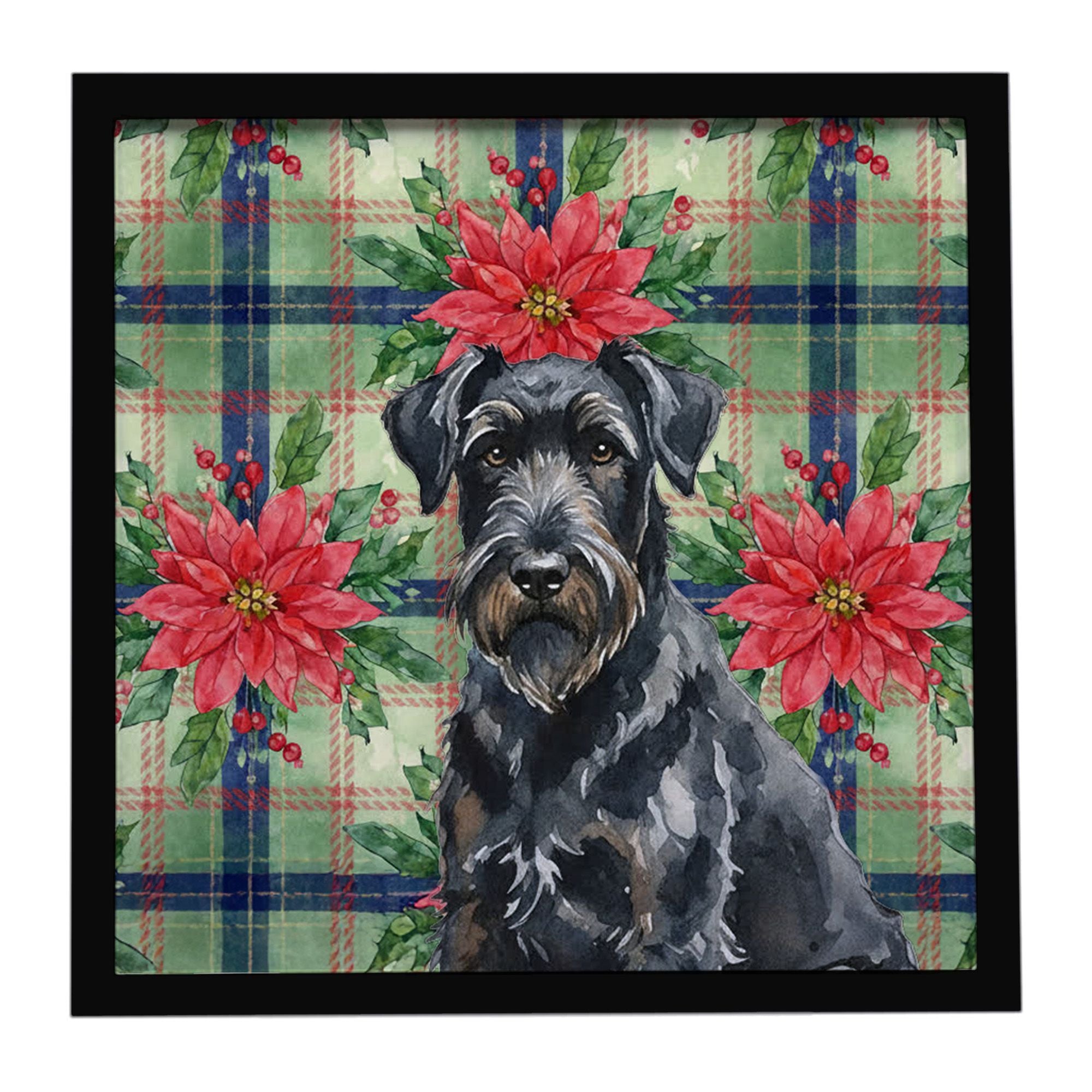 Black Russian Terrier Christmas PoinsettIas Framed Metal Print Bathroom, Kitchen, Office, Home Decor Wall Art Ready to Hang, Squ
