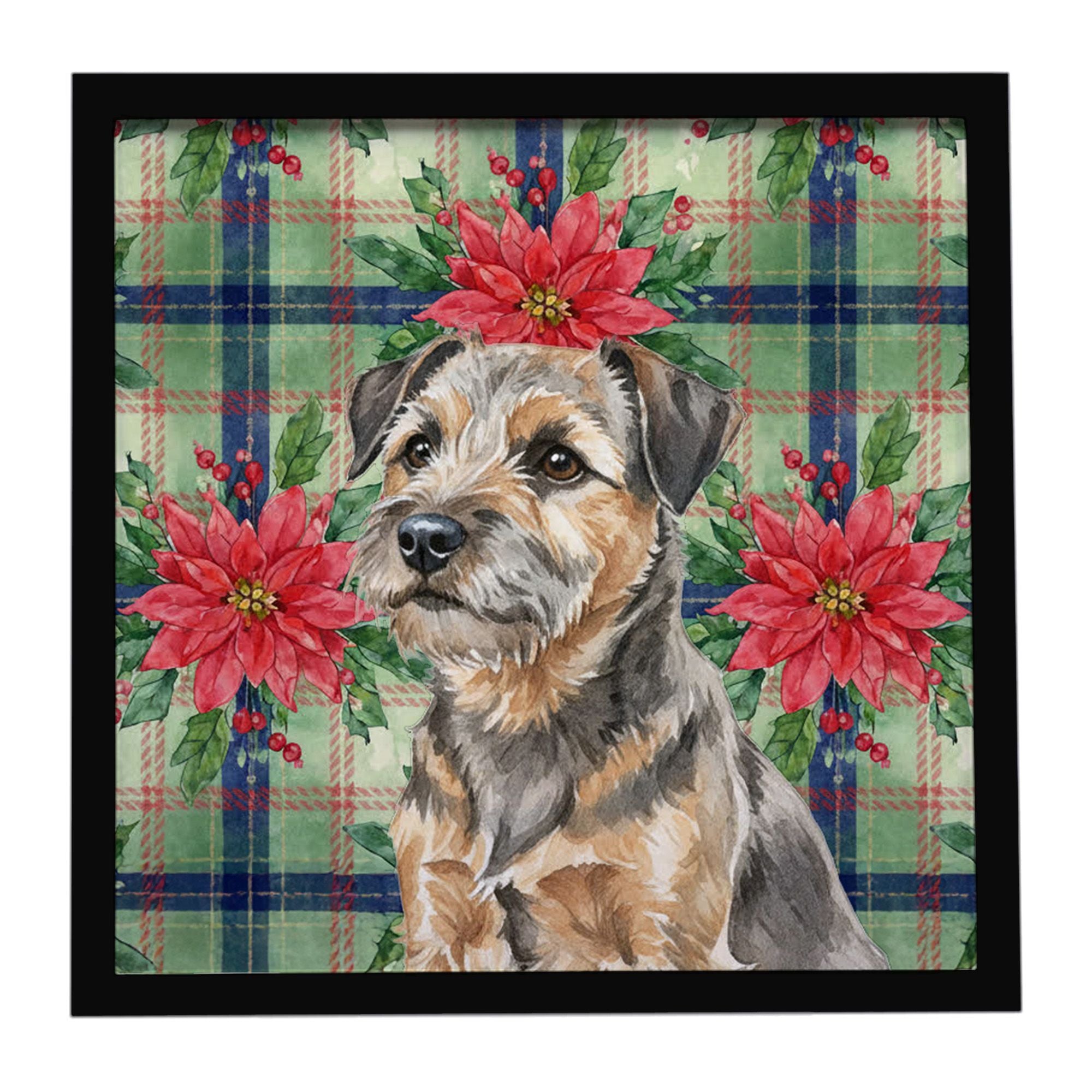 Grizzle and Tan Border Terrier Christmas PoinsettIas Framed Metal Print Bathroom, Kitchen, Office, Home Decor Wall Art Ready to 