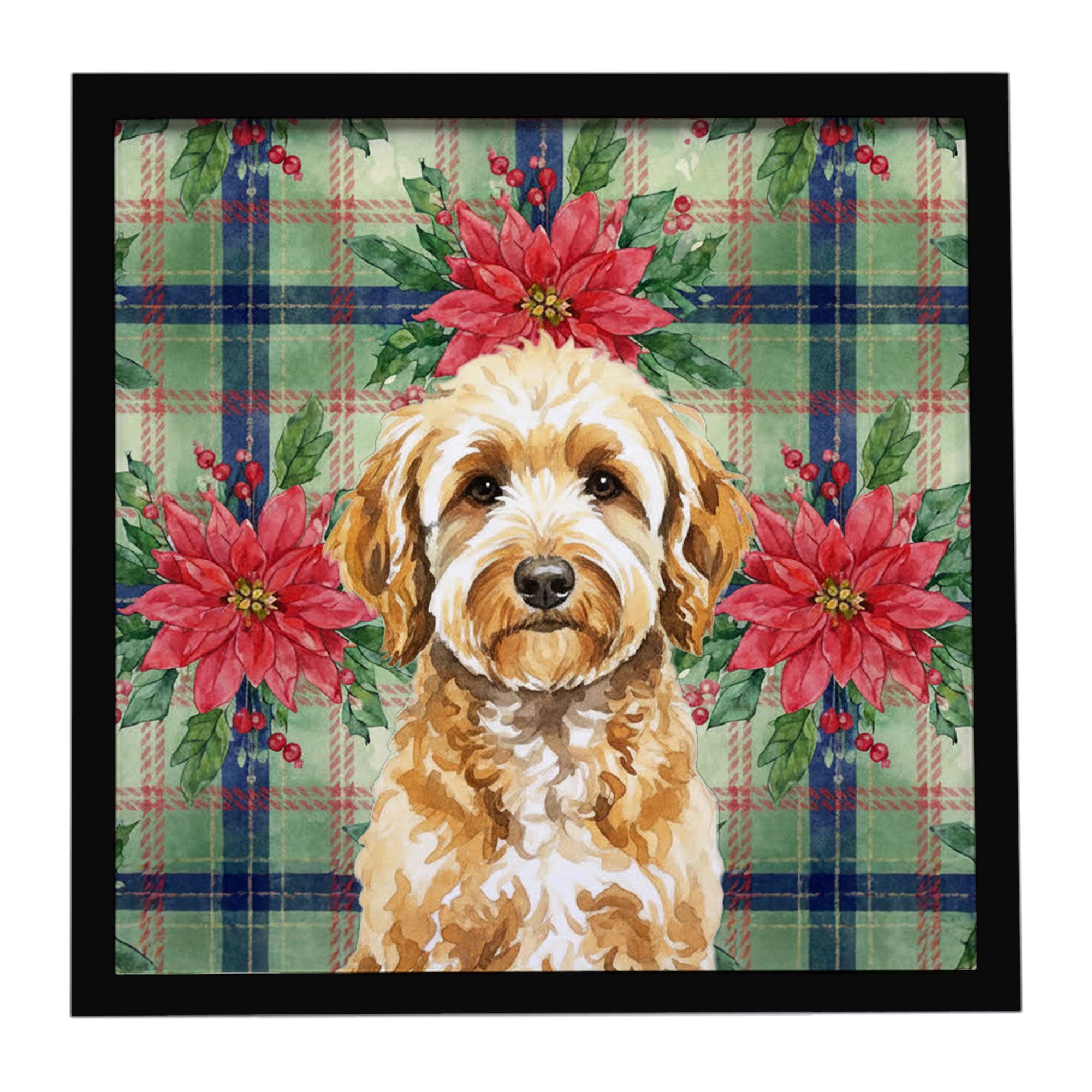 Goldendoodle Christmas PoinsettIas Framed Metal Print Bathroom, Kitchen, Office, Home Decor Wall Art Ready to Hang, Square, 8X8