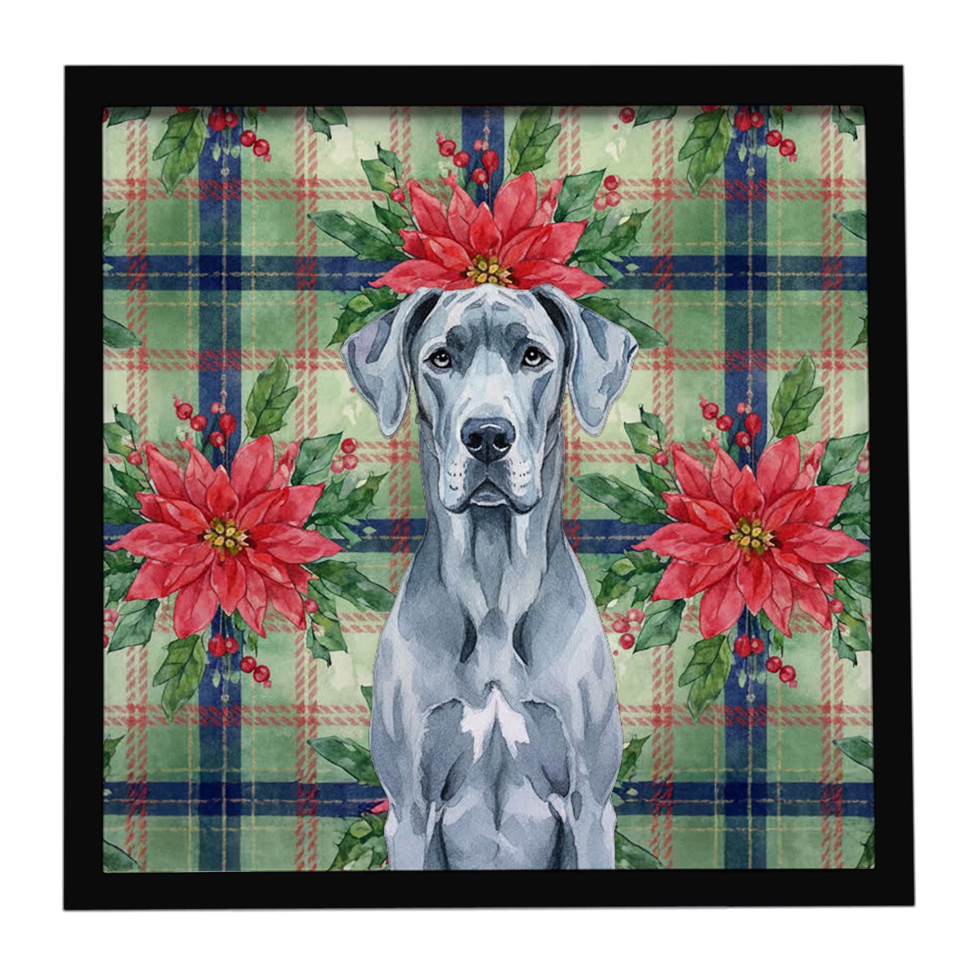 Blue Great Dane Christmas PoinsettIas Framed Metal Print Bathroom, Kitchen, Office, Home Decor Wall Art Ready to Hang, Square, 8