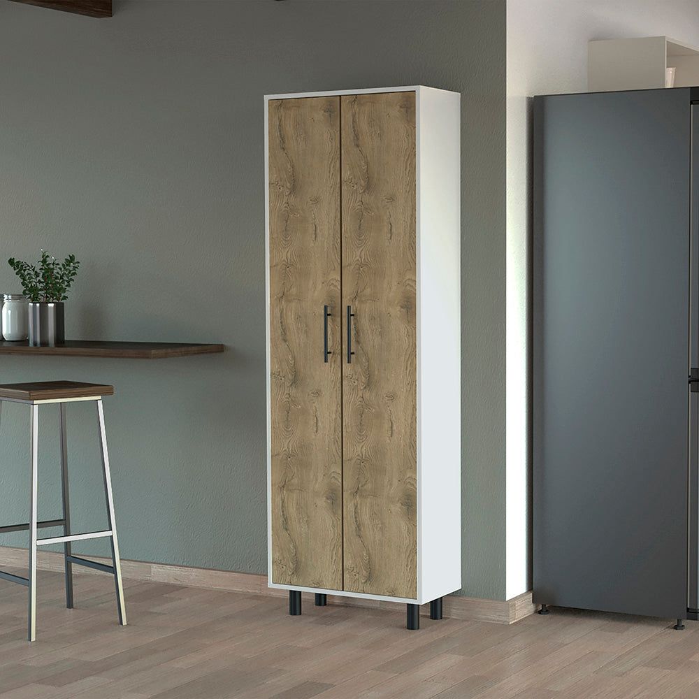 Fagan 2-Door 5-Shelf Kitchen Pantry White and Macadamia(D0102H5QSR2)