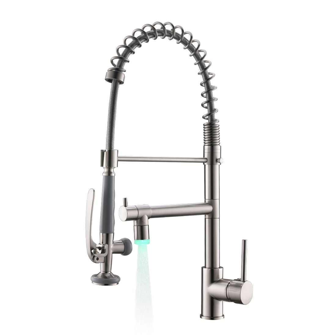 Double Handle LED Kitchen Sink Faucet With Pull Down Sprayer Single Hole Spring Modern Sink Tap in Brushed Nickel(D0102H5QUQ8)