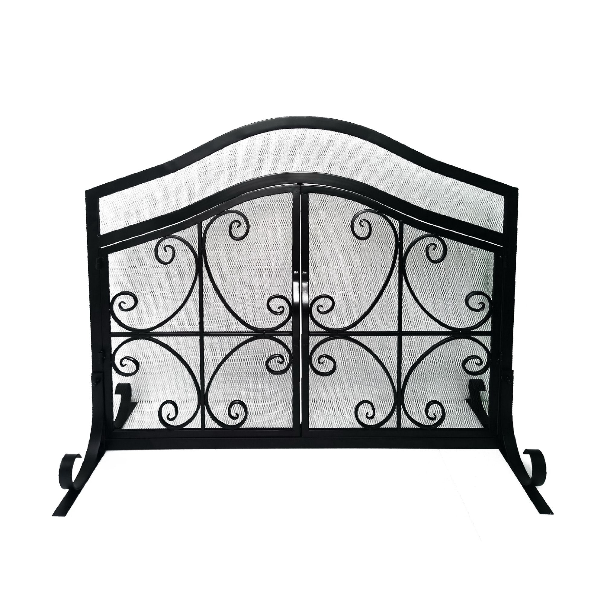 43 Inches 2 Door Iron Fireplace Screen, Mesh Design, Scrollwork, Black(D0102H714M6)
