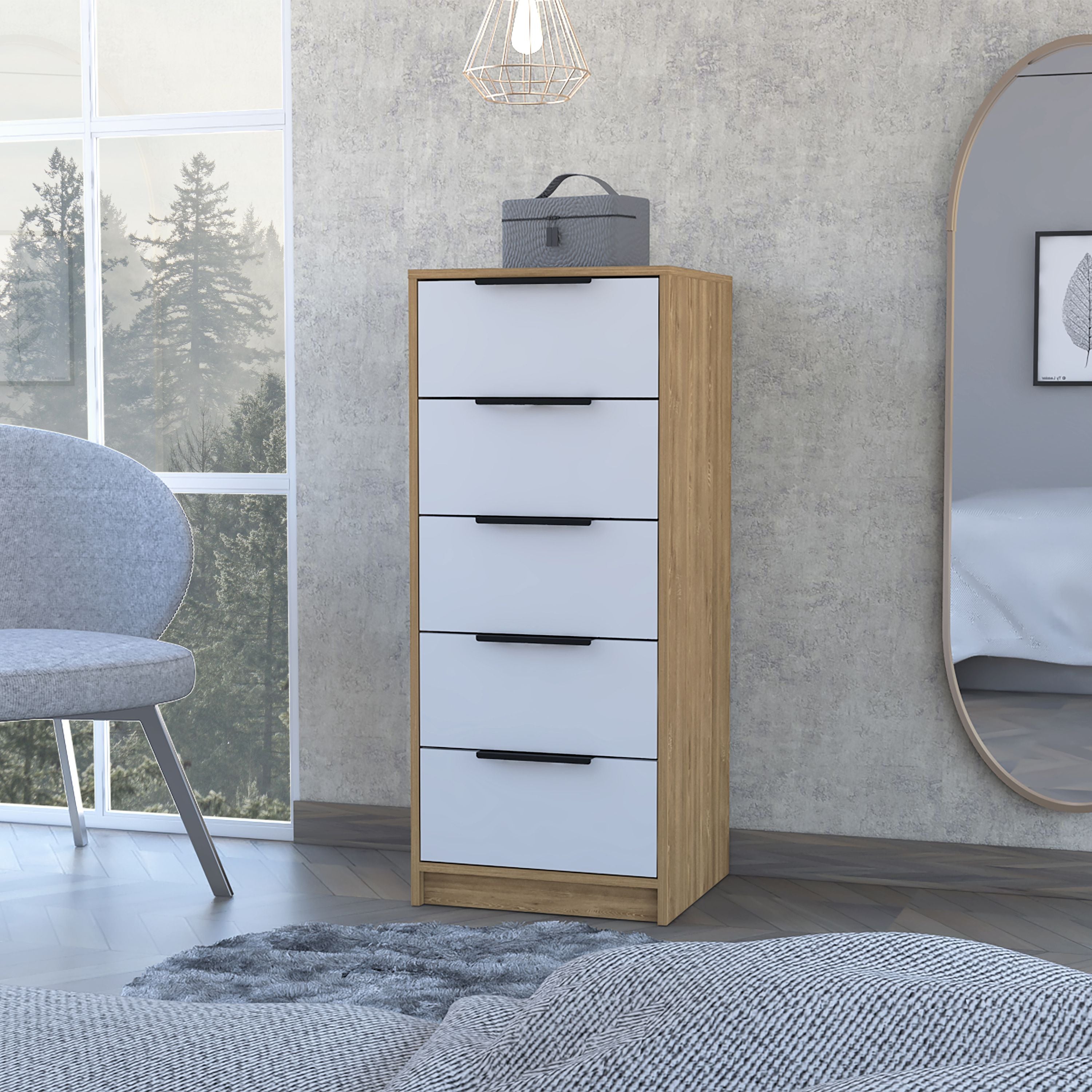 cannon 5-Drawer Rectangle Dresser White and Light Oak(D0102H767E6)