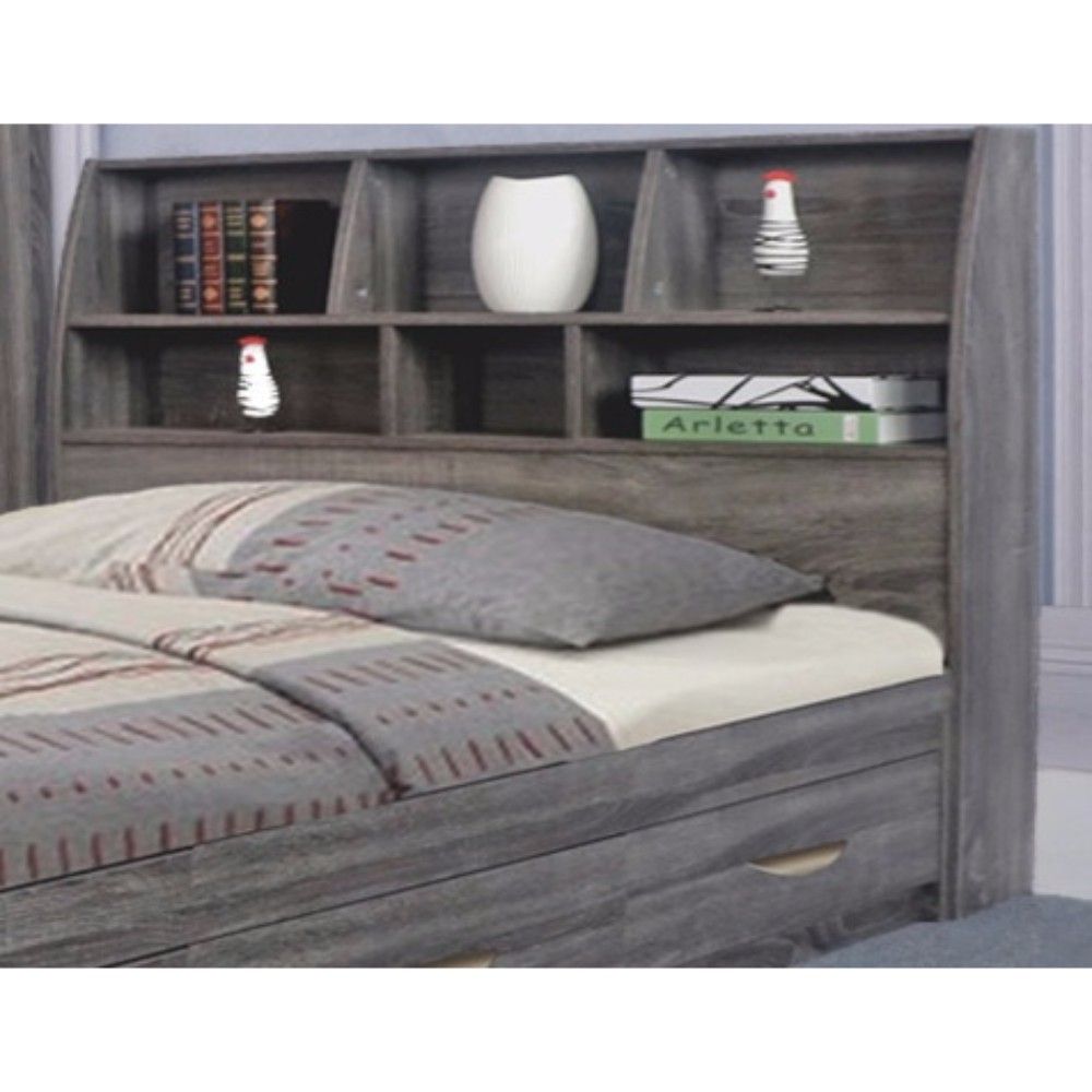 Wooden Frame Full Size Bookcase Headboard with Grains, Distressed Gray(D0102H77T3V.)