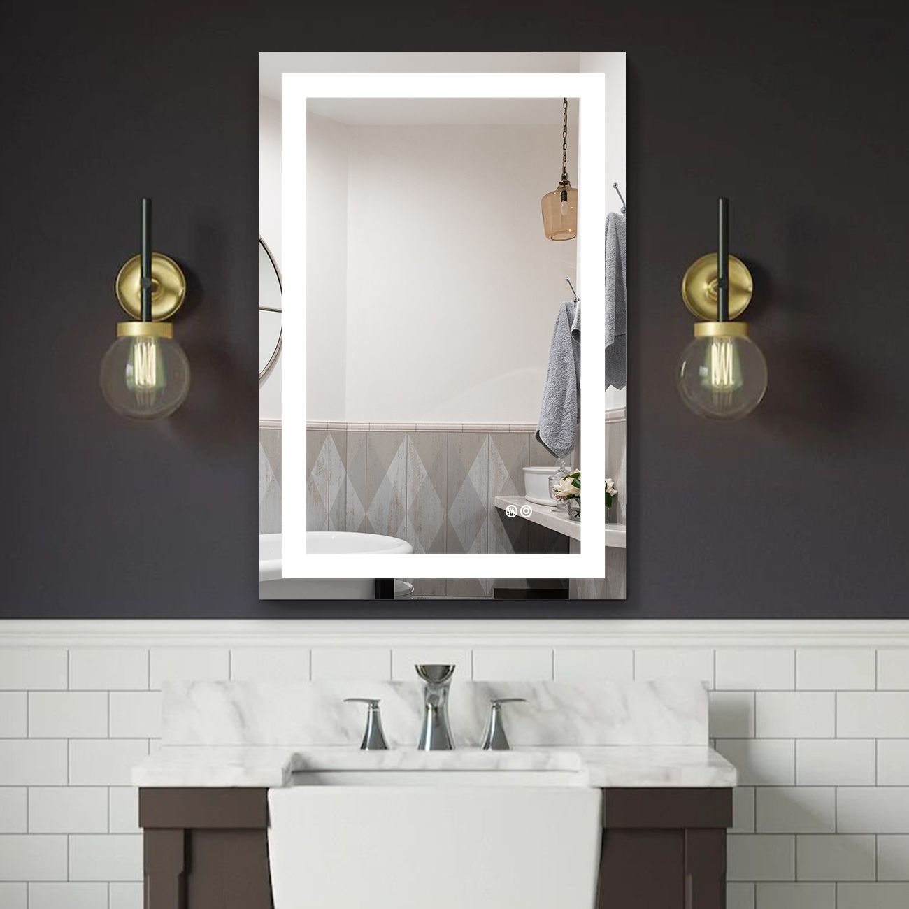 24x36 Inch LED Lighted Bathroom Mirror with 3 colors Light, Wall Mounted Bathroom Vanity Mirror with Touch Button, Anti-Fog Dimm