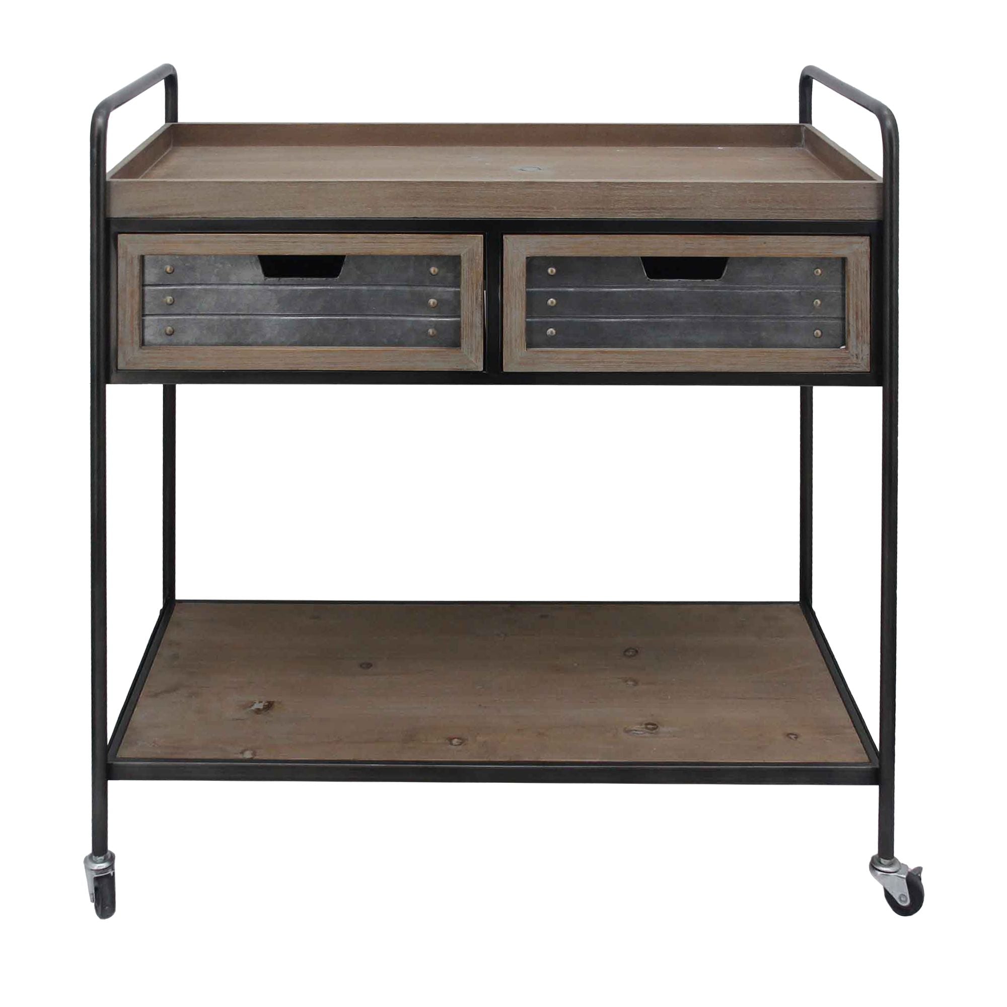 Caster Supported 2 Drawer Wood and Metal Rolling Cart, Brown and Black(D0102H7L77G.)