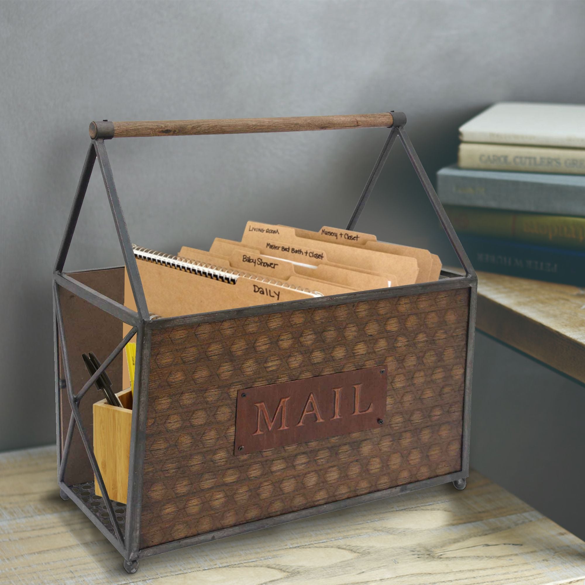Wood and Metal Frame Basket with Handle and Typography, Brown and Gray(D0102H7LX3W.)