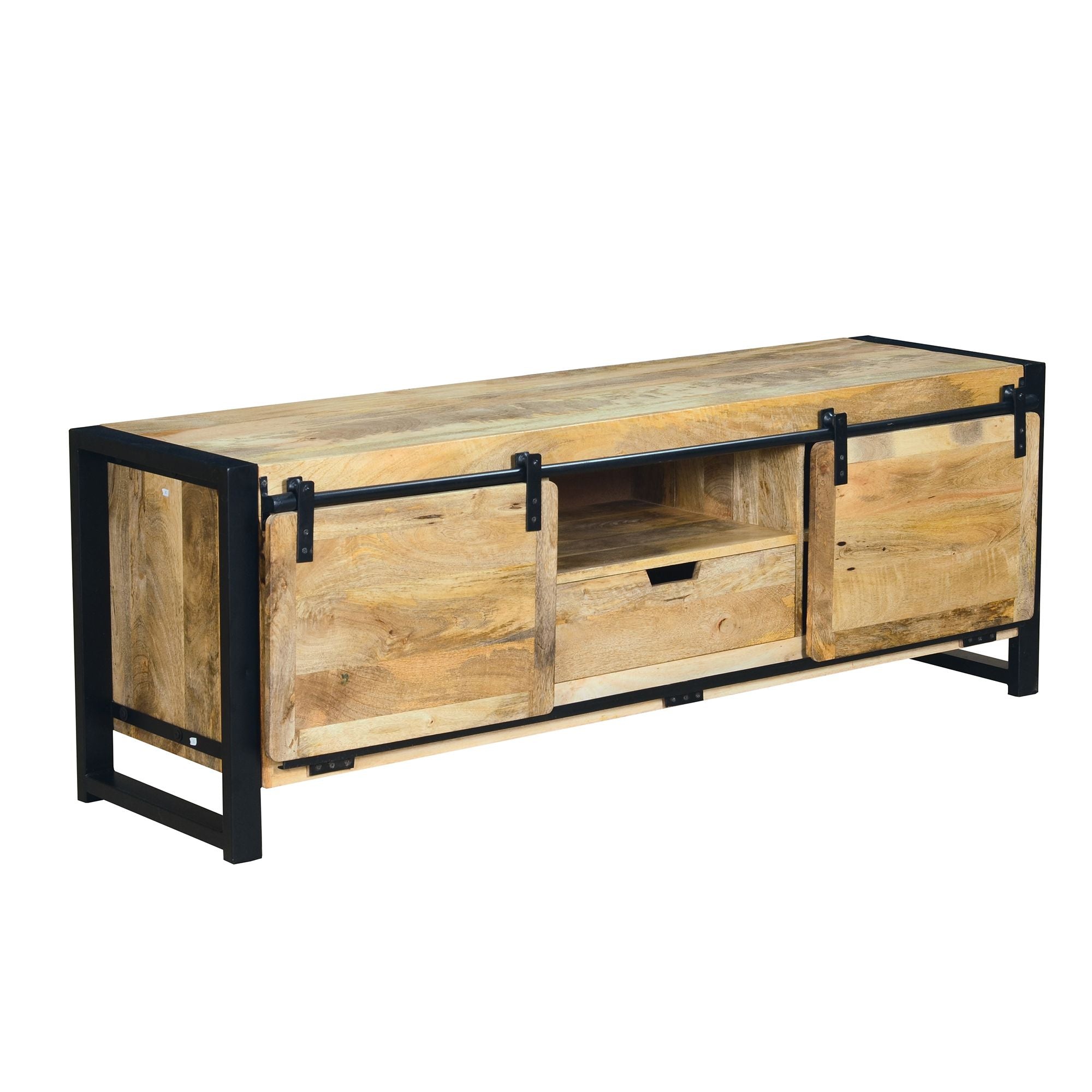 DunaWest 63 Inch Wooden Industrial TV Cabinet with Barn Style Sliding Doors, Brown and Black(D0102HA5BLA.)