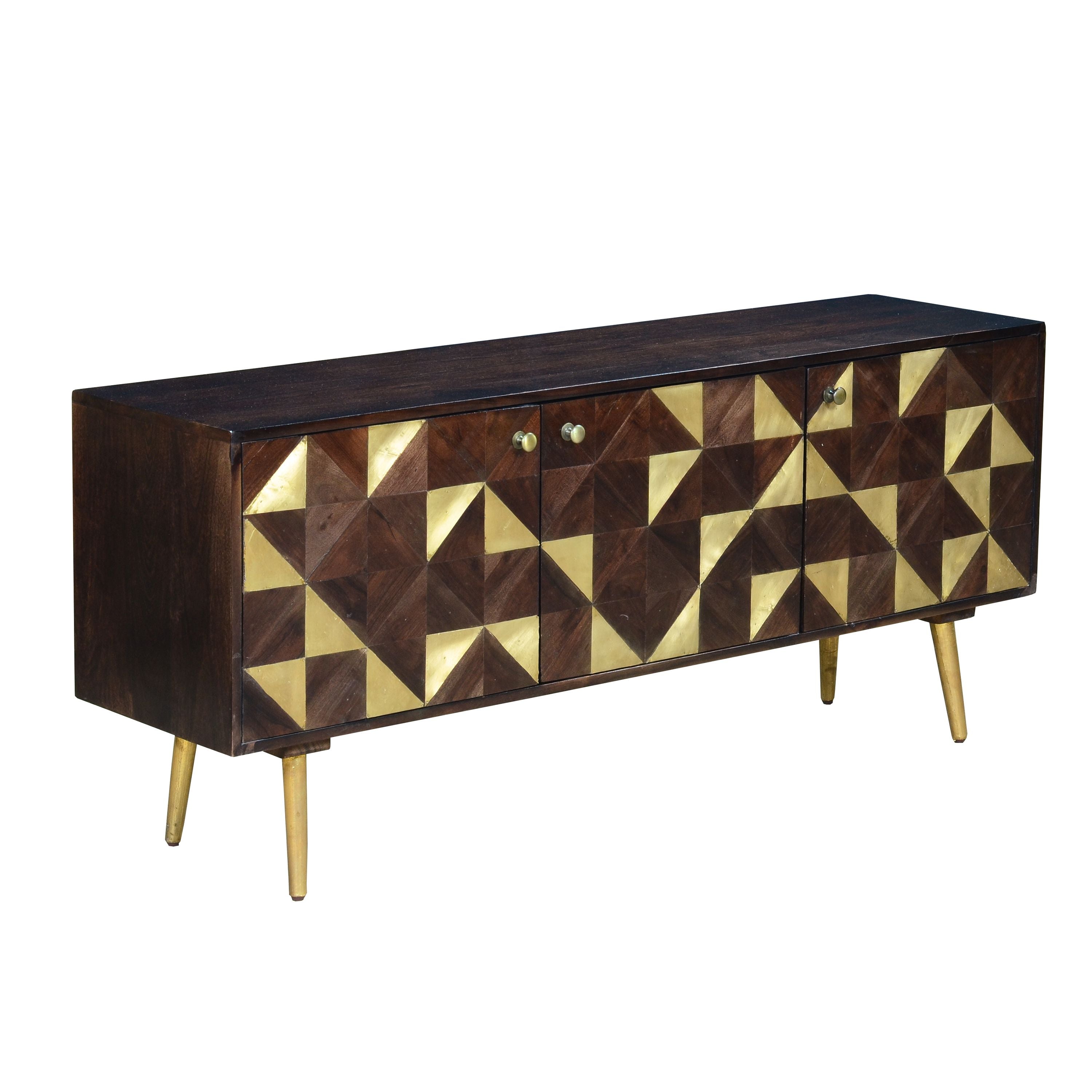 DunaWest 56 Inch Wooden TV Console with Geometric Front 3 Door Cabinets, Dark Brown, Gold(D0102HA5BQU.)