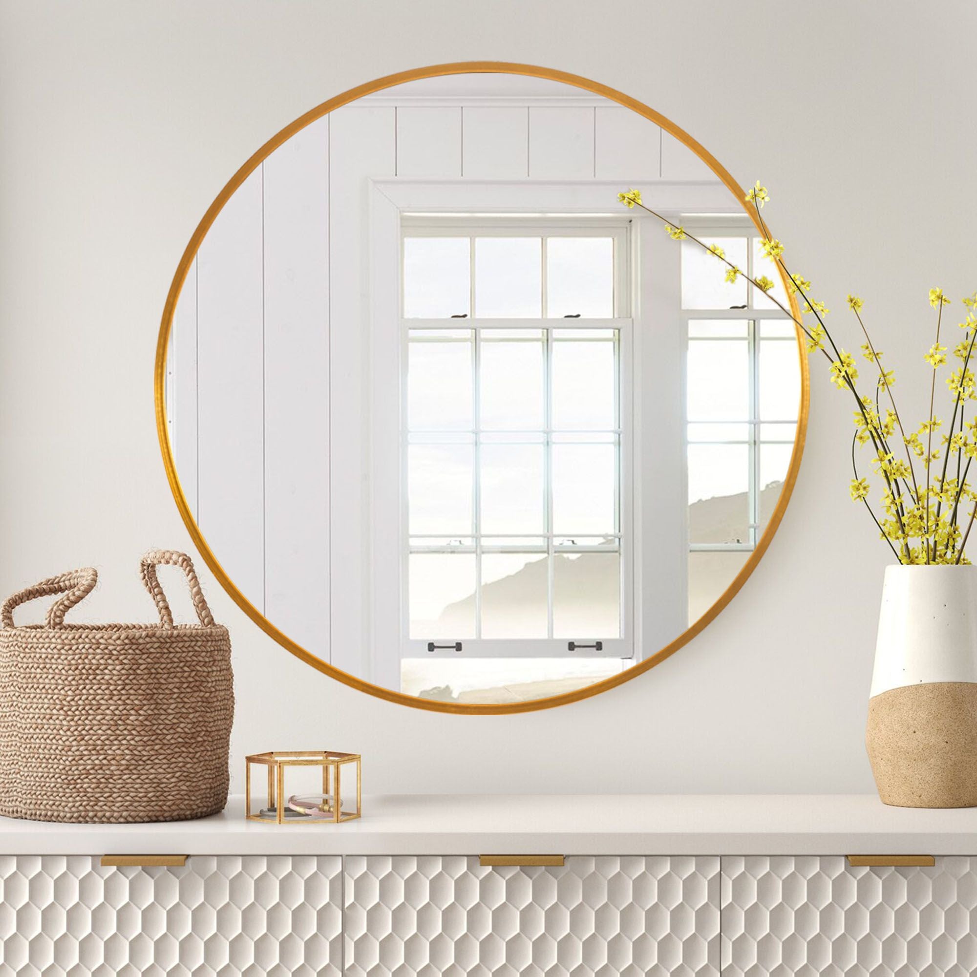 Modern Simple Thin Frame Wall-Mounted Vanity Round Mirror 23.6 x 23.6 for Bathroom, Vanity, Living Room, Bedroom, Entryway Wall 
