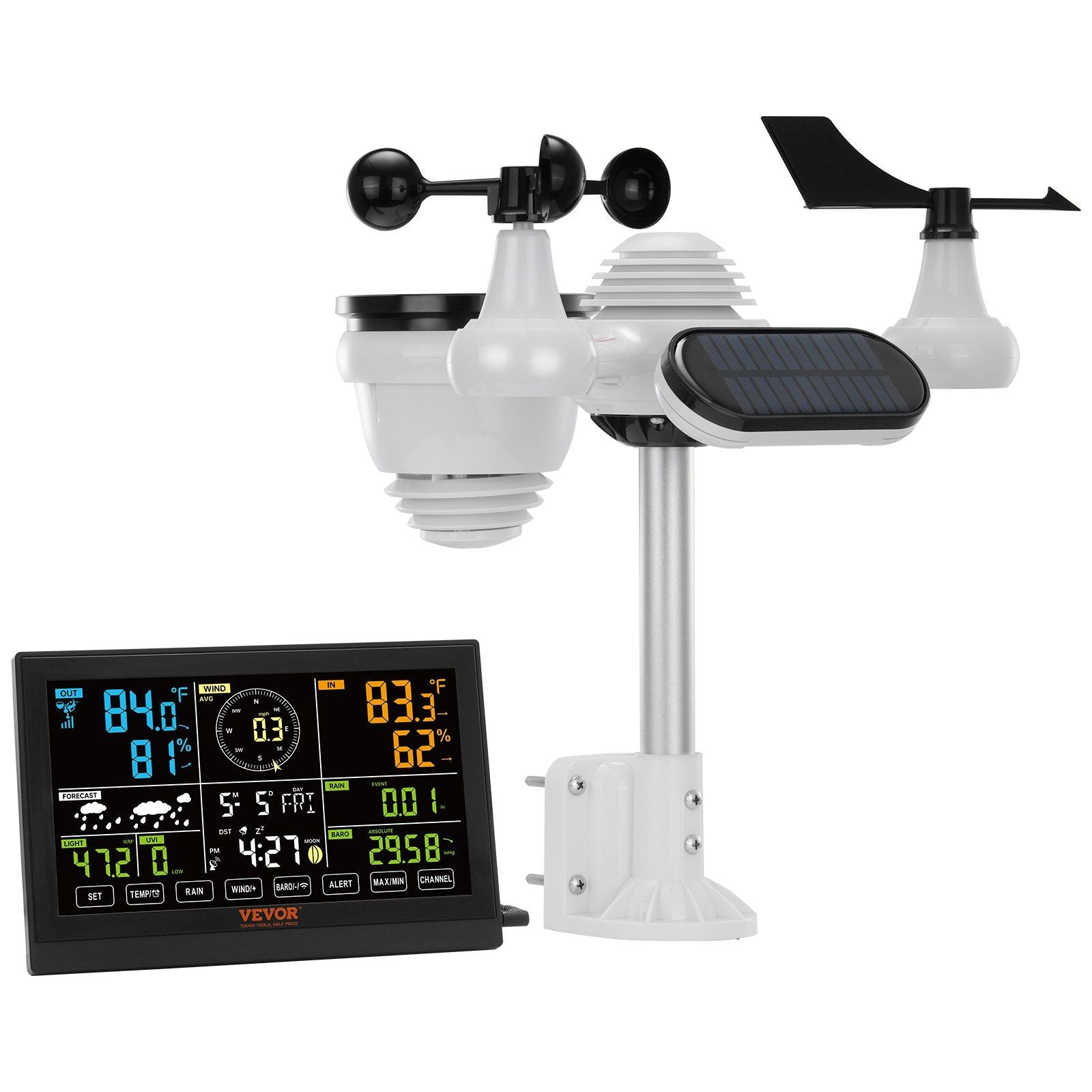 VEVOR 7-in-1 Wireless Weather Station, 7.5 in Large Color Display, Digital Home Weather Station Indoor Outdoor, for Temperature 