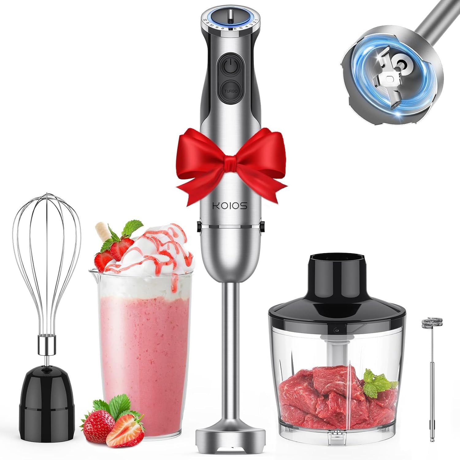 KOIOS Immersion Hand Blender, 5-in-1 Hand Blender with Entire Stainless Steel Blender Shaft, Full Copper Motor, Built in 12 Spee