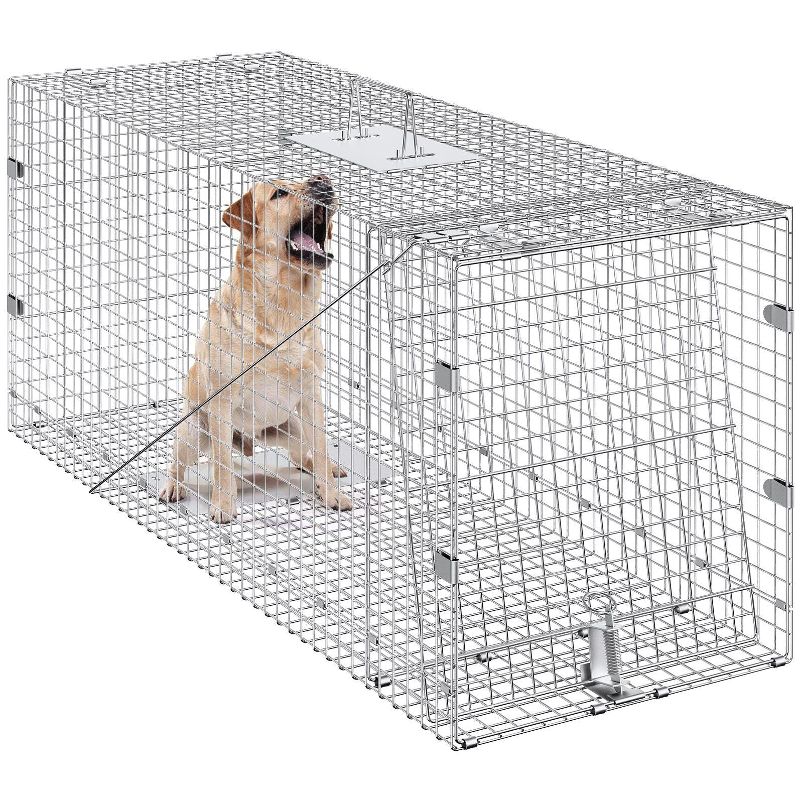 VEVOR Live Animal Cage Trap, 42 x 16 x 18 Humane Cat Trap Galvanized Iron, Folding Animal Trap with Handle for Stray Dogs, Armad