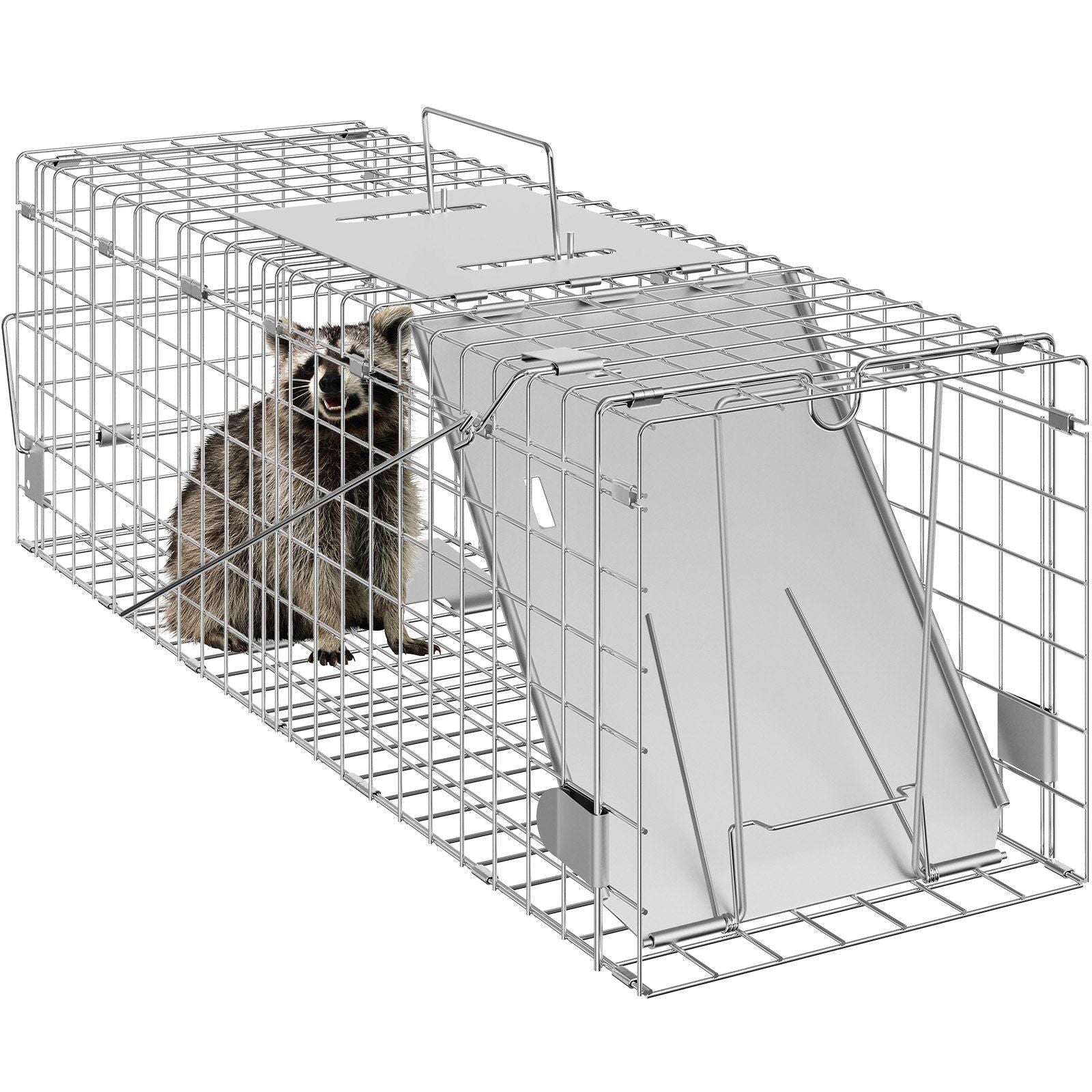VEVOR Live Animal Cage Trap, 24 x 8 x 8 Humane Cat Trap Galvanized Iron, Folding Animal Trap with Handle for Rabbits, Stray Cats