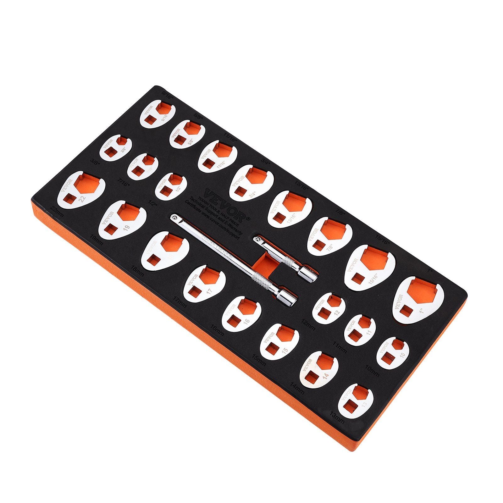 VEVOR 3/8 Drive Crowfoot Wrench Set with 2 Extension Bars, 24-Piece Crows Foot Wrench Set, SAE 3/8-1 and Metric 10-22 mm, CR-MO 