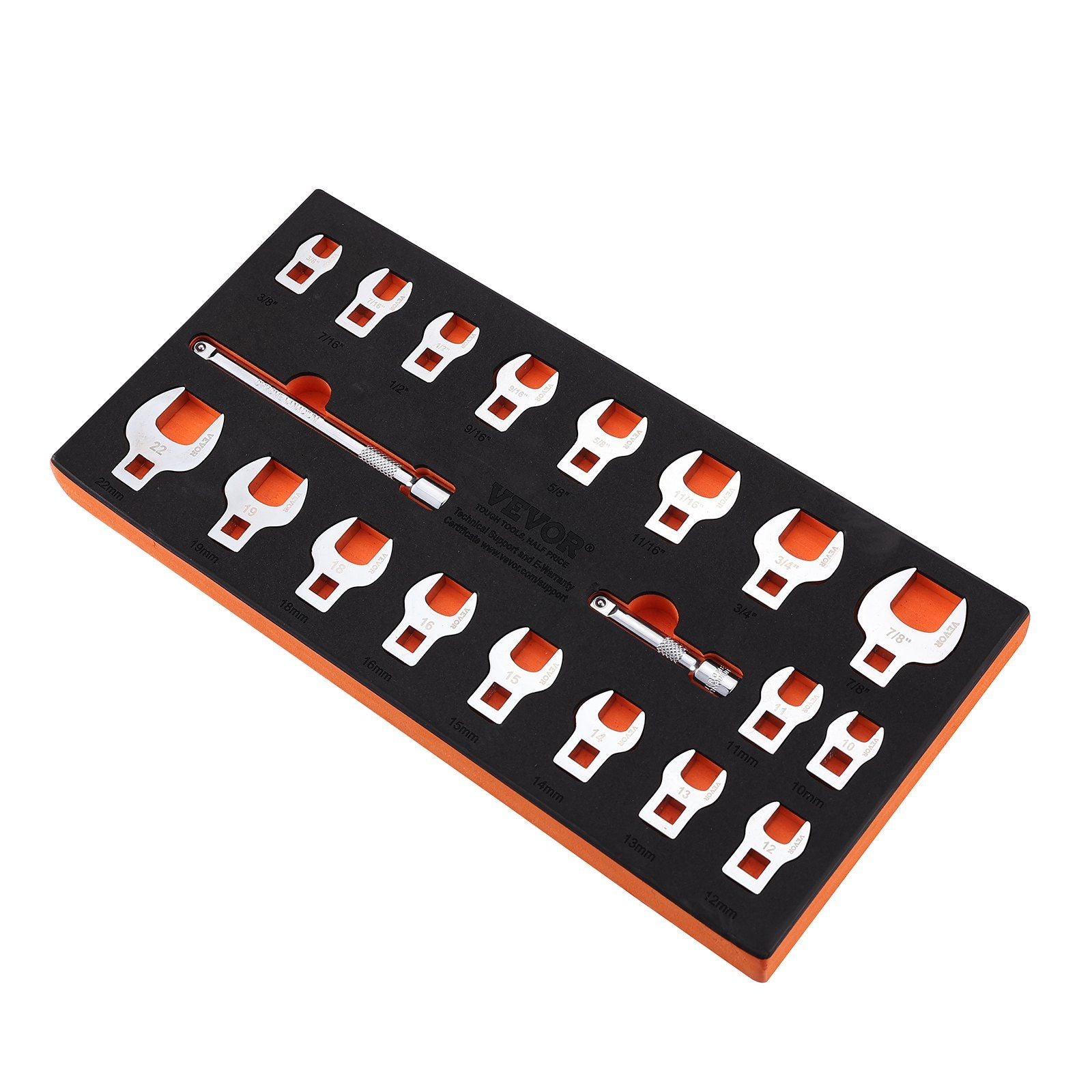 VEVOR Crowfoot Wrench Set, 3/8 Drive 20-Piece Crows Foot Wrench Set with 2 Extension Bars and EVA Tool Organizer,40CR Material w