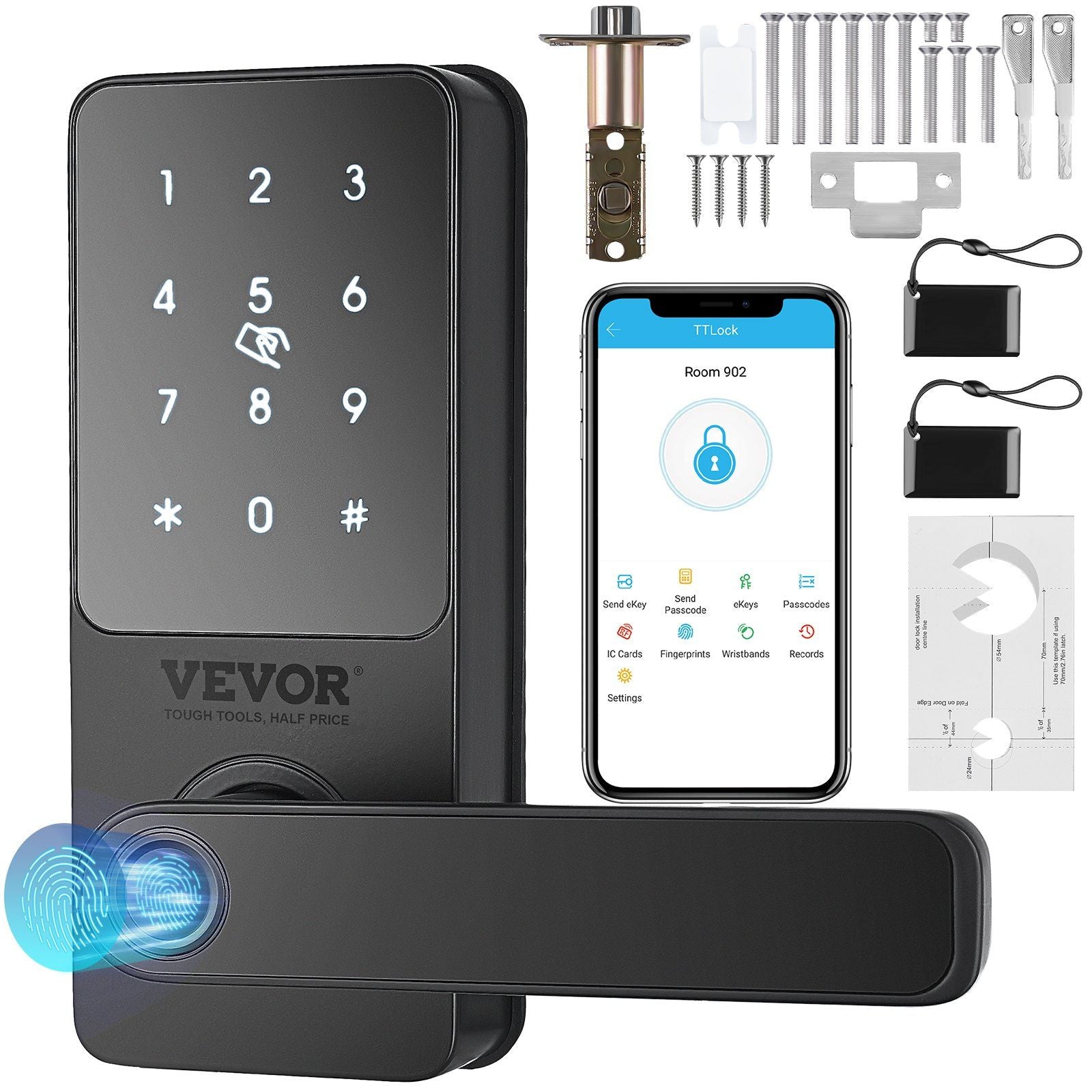 VEVOR Smart Lock, 5-in-1 Smart Door Knob, Fingerprint Deadbolt with App Control, Bluetooth Smart Lock, Keyless Entry Door Lock w