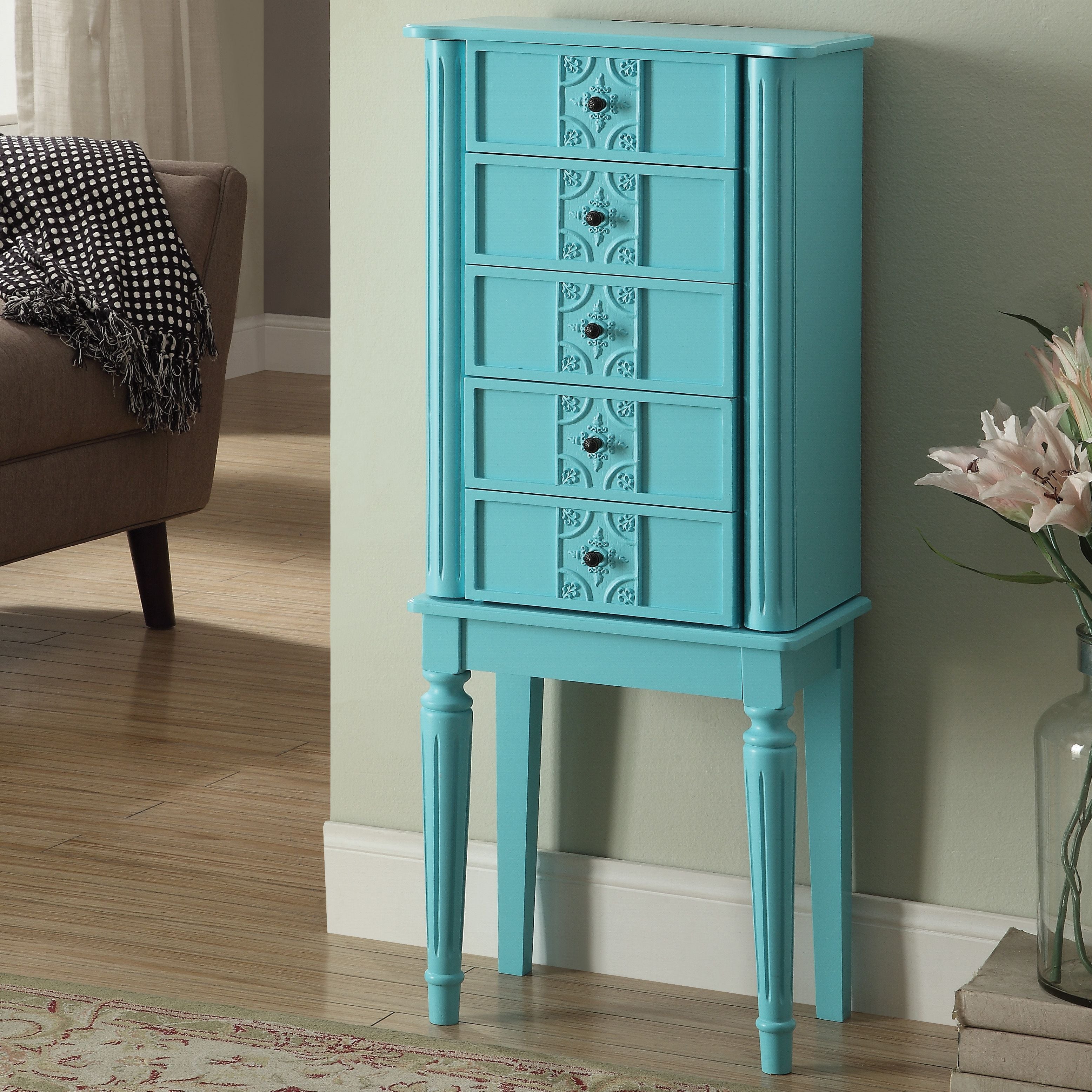 Light Blue 4-drawer Jewelry Armoire with Mirror